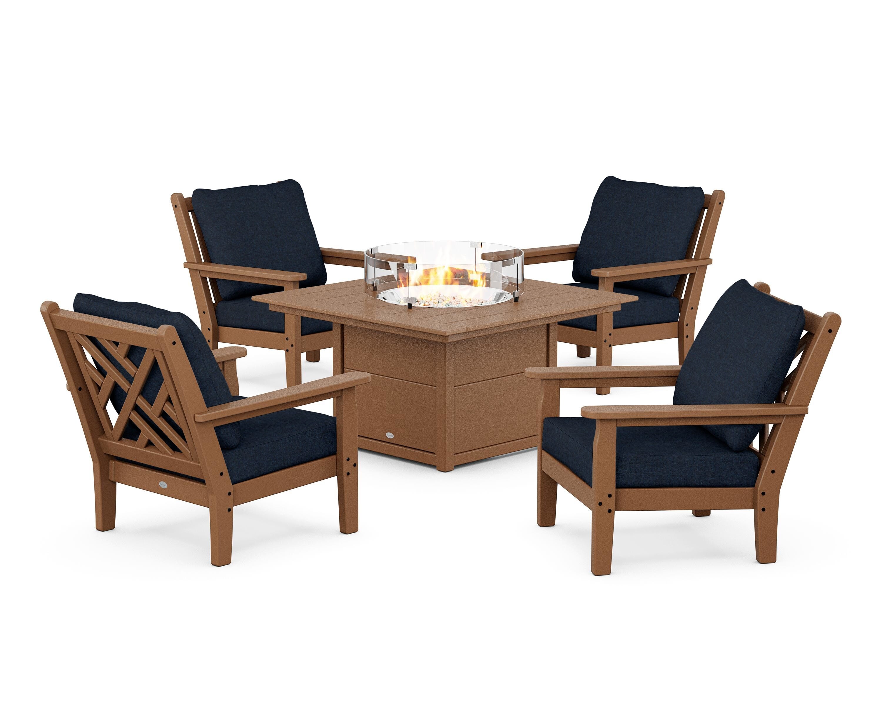 POLYWOOD Chippendale 5-Piece Deep Seating Set with Fire Pit Table in Teak / Marine Indigo