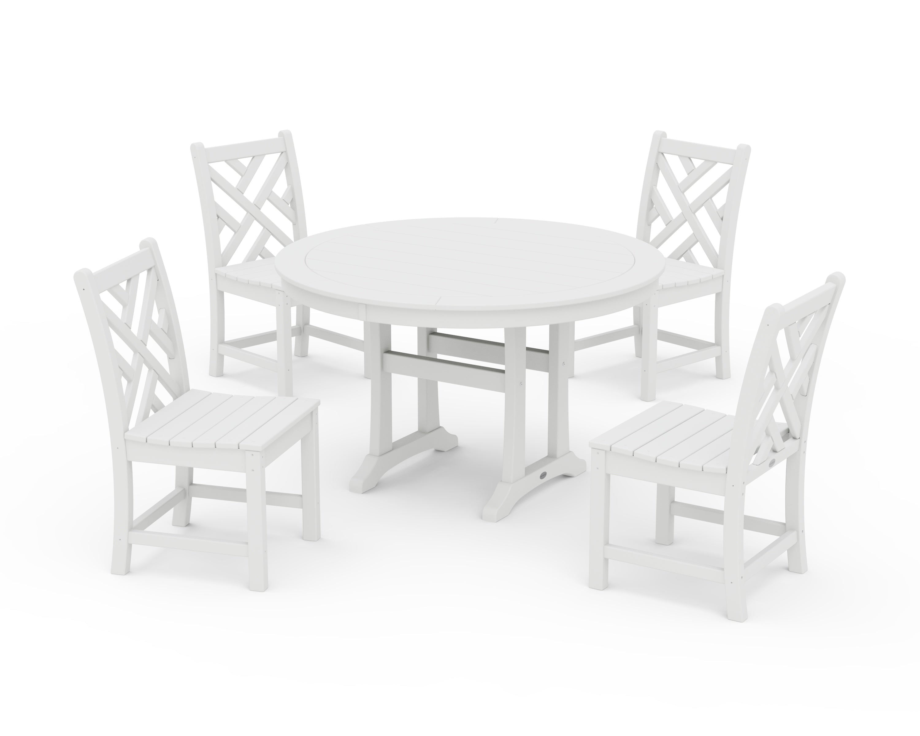POLYWOOD Chippendale Side Chair 5-Piece Round Dining Set With Trestle Legs in White