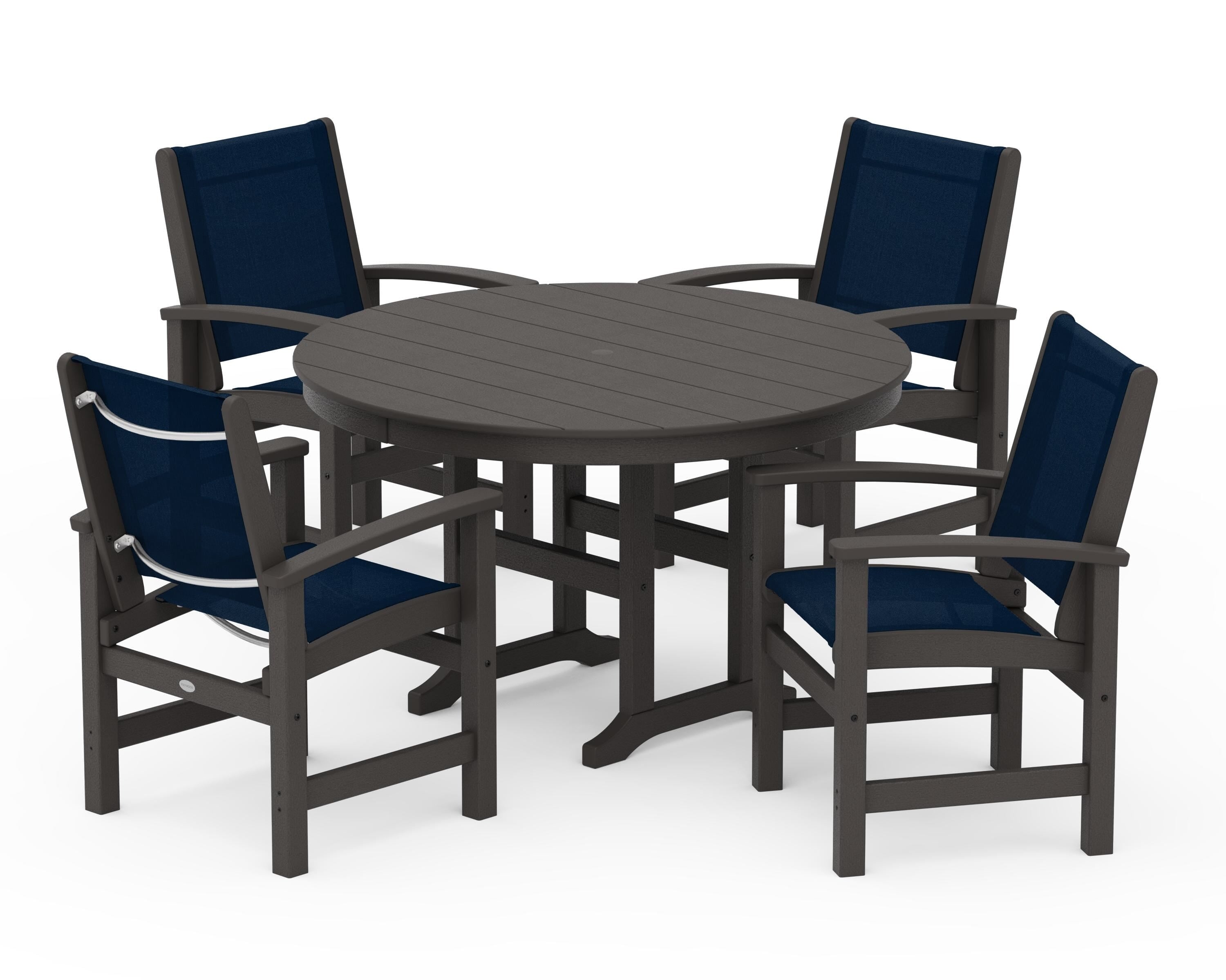 POLYWOOD Coastal 5-Piece Round Farmhouse Dining Set in Vintage Coffee / Navy Blue Sling