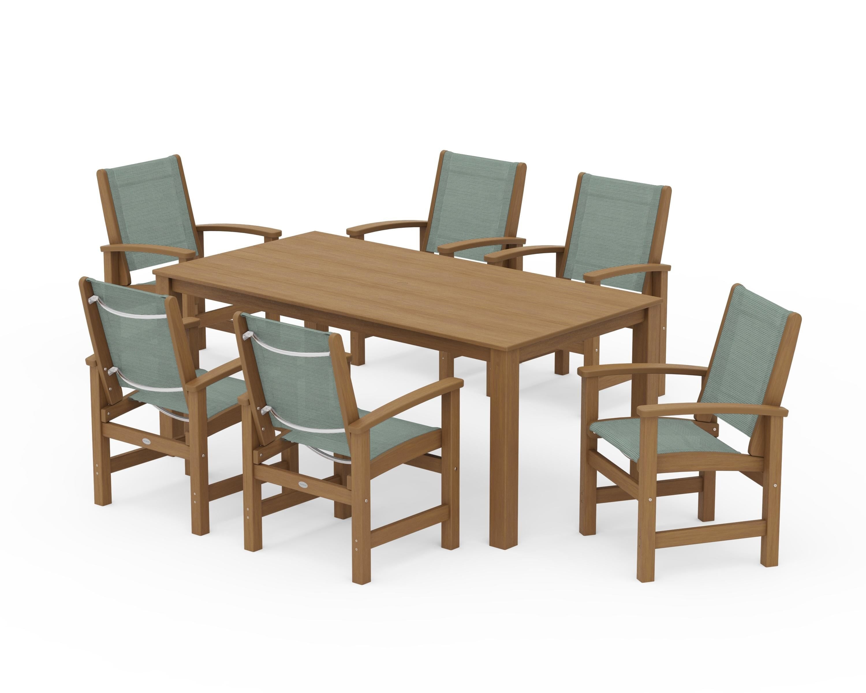 POLYWOOD Coastal 7-Piece Parsons Dining Set in Natural / Dupioni Sea Mist Sling