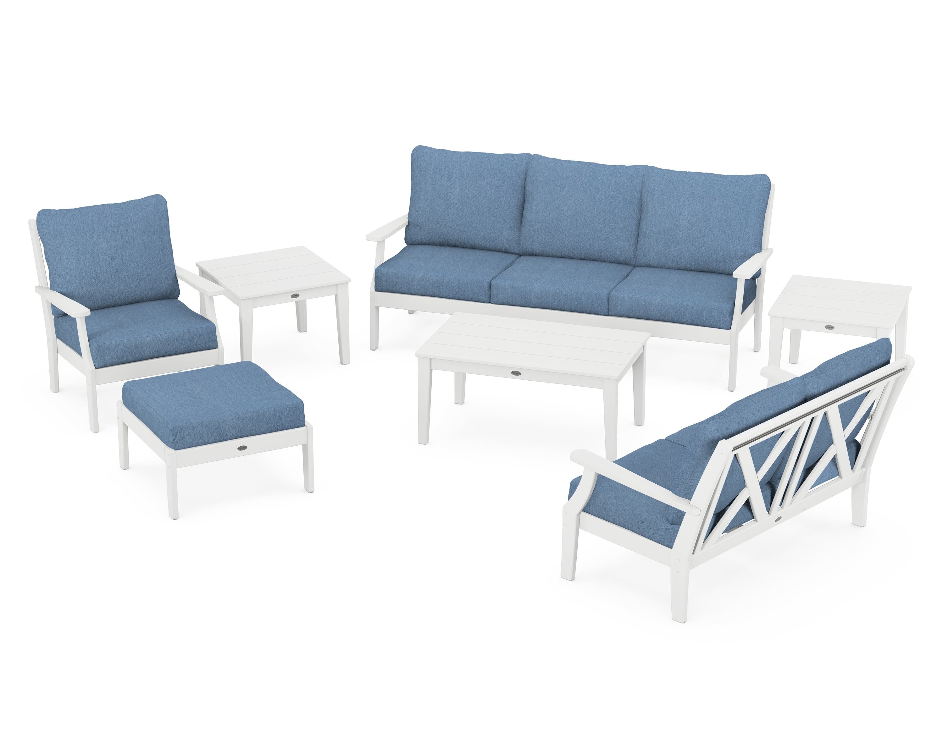 POLYWOOD Braxton 7-Piece Deep Seating Set in White / Sky Blue
