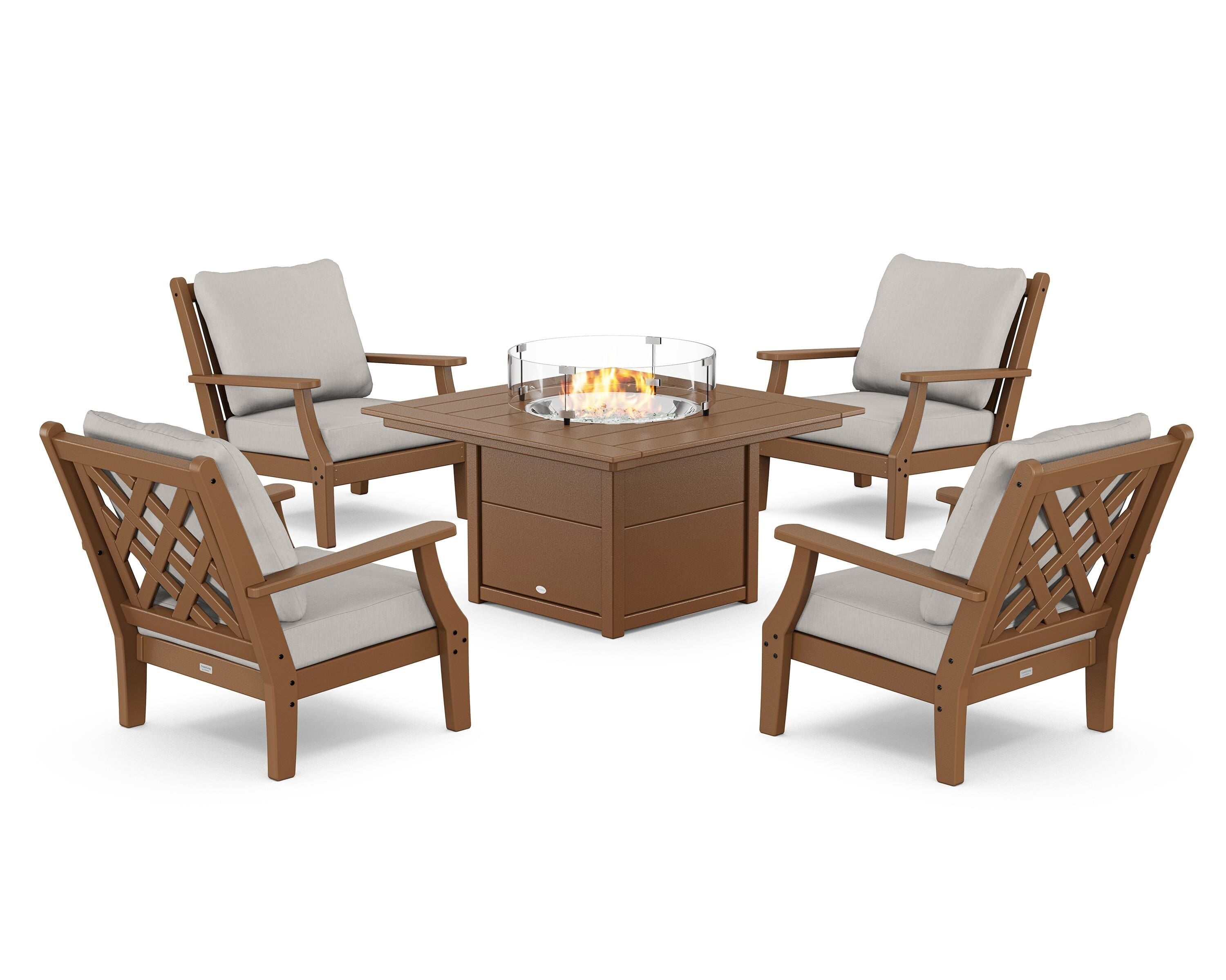 Country Living Wovendale 5-Piece Deep Seating Set with Fire Pit Table in Teak / Cast Ash