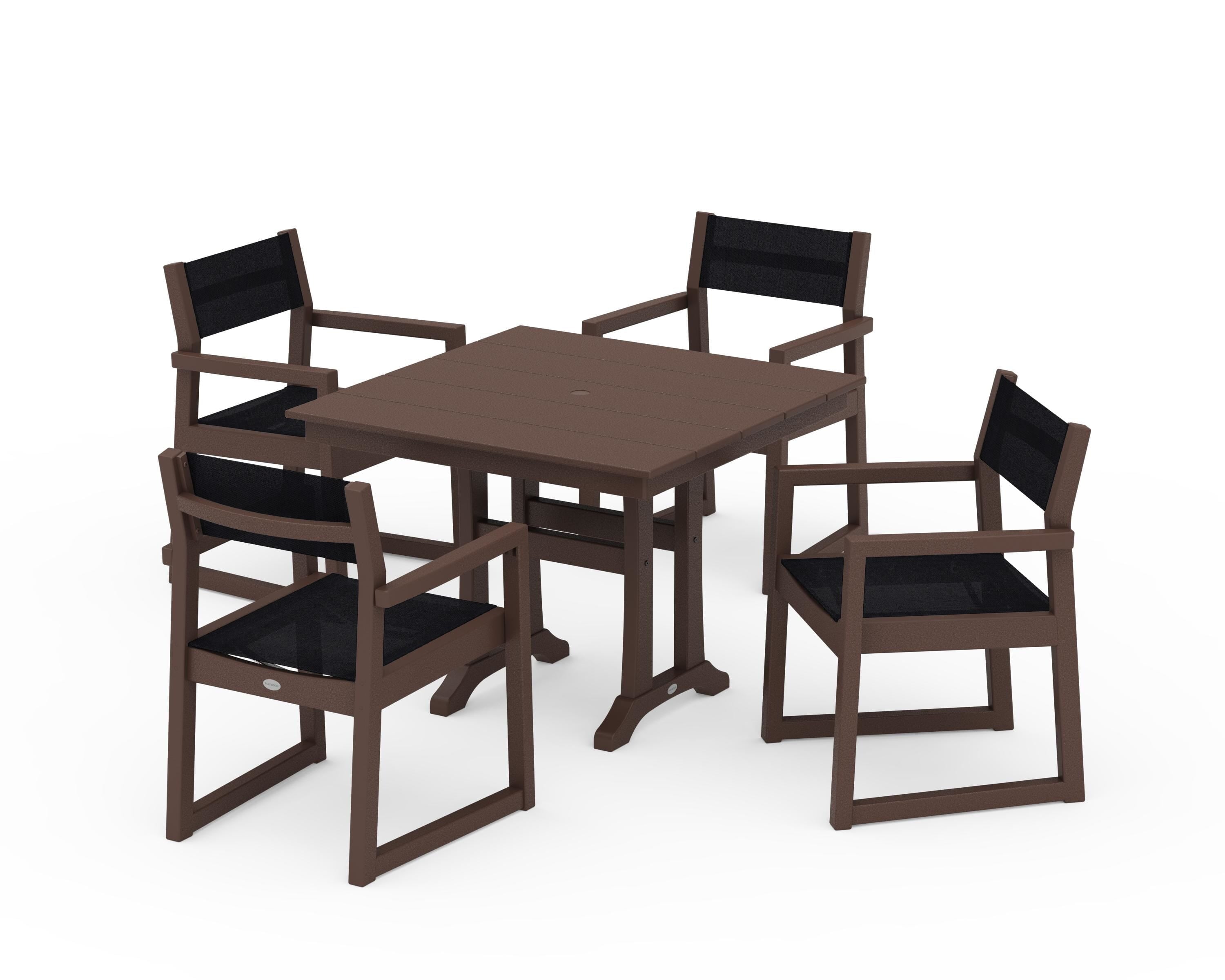 POLYWOOD EDGE Sling 5-Piece Farmhouse Dining Set with Trestle Legs in Mahogany / Black Sling