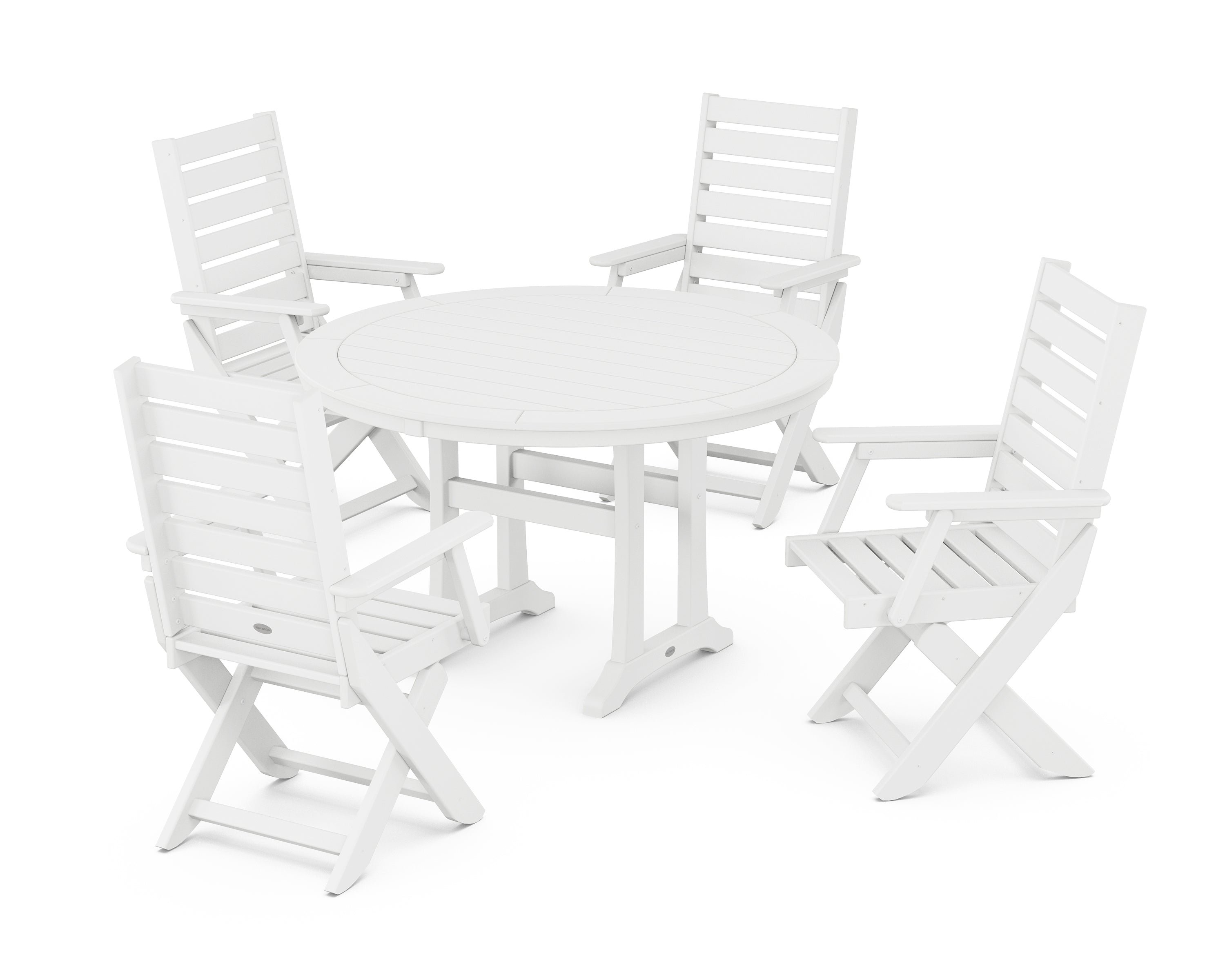 POLYWOOD® Captain Folding Chair 5-Piece Round Dining Set with Trestle Legs in White
