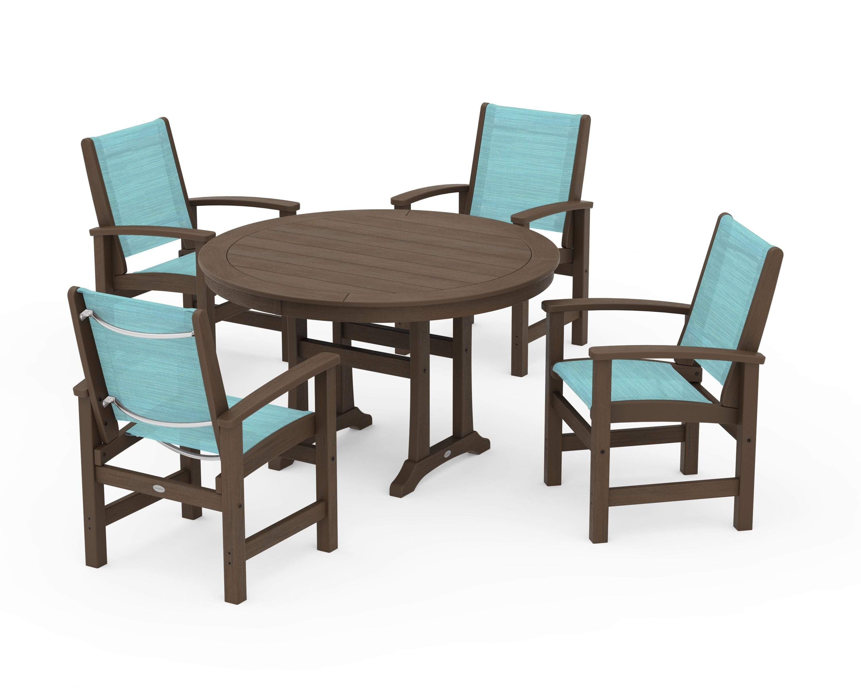 POLYWOOD Coastal 5-Piece Round Dining Set with Trestle Legs in Kona / Dupioni Aquamarine Sling