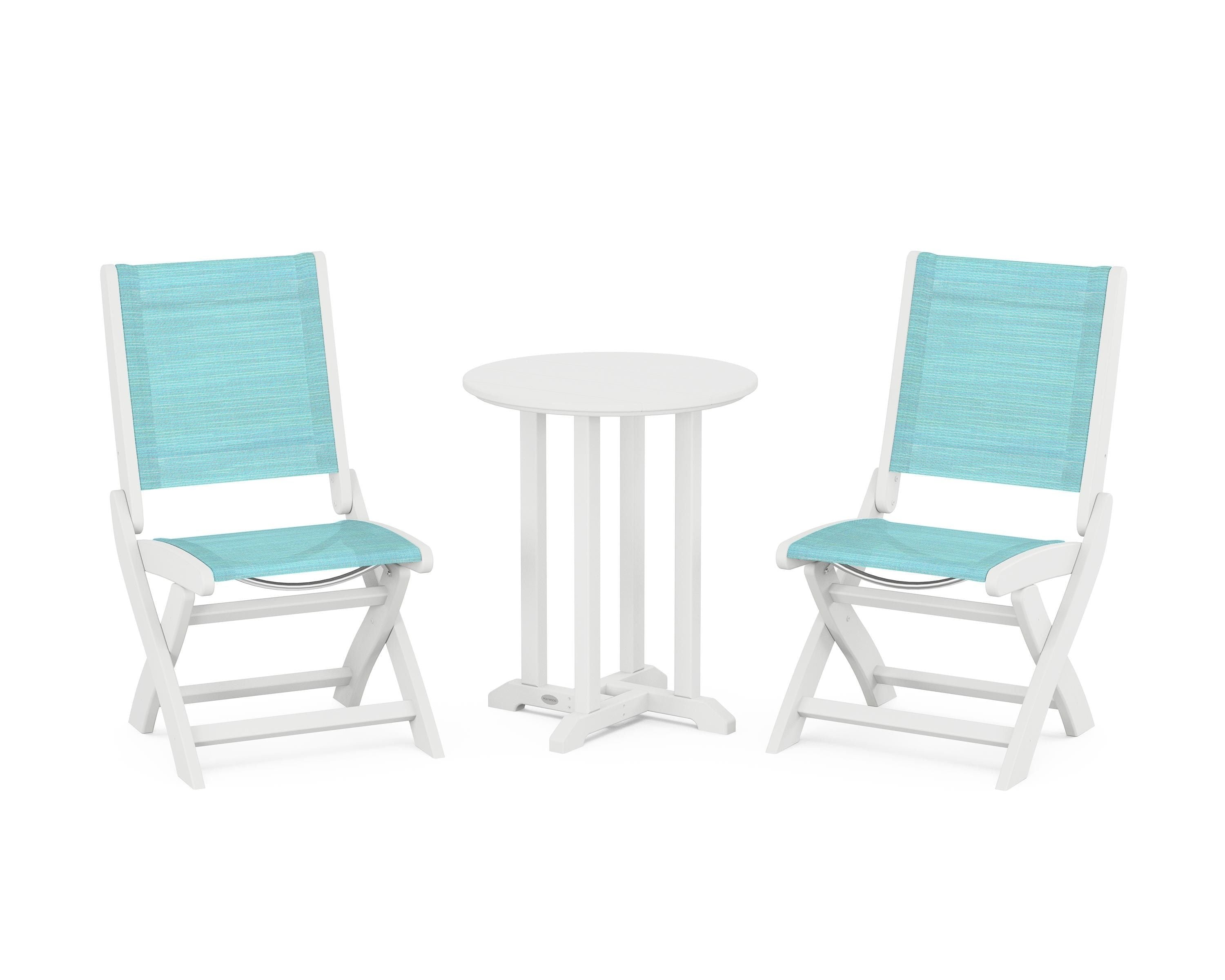 POLYWOOD Coastal Folding Side Chair 3-Piece Round Bistro Dining Set in White / Dupioni Aquamarine Sling