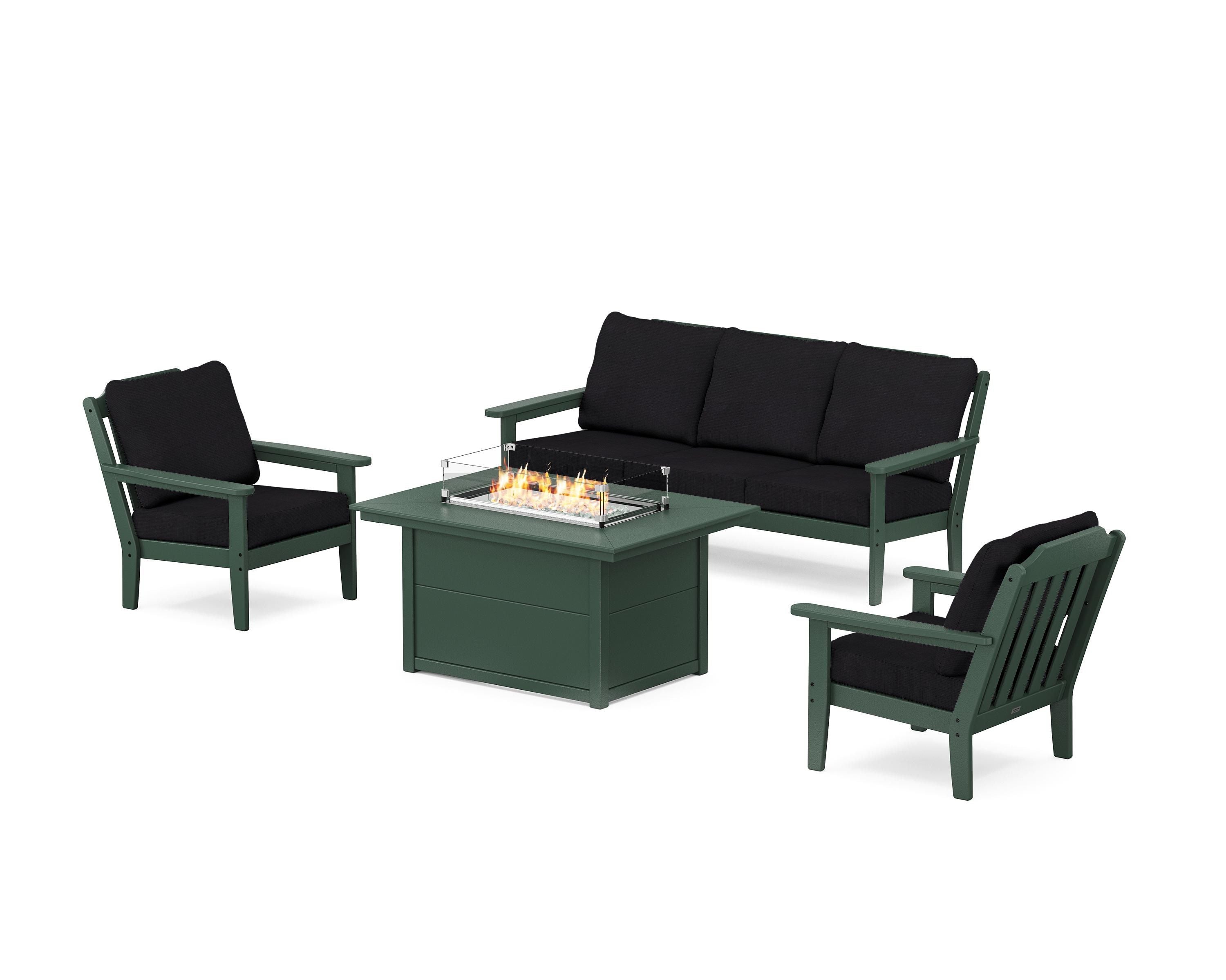 Country Living Cottage Deep Seating Fire Pit Table Set in Green / Midnight Linen