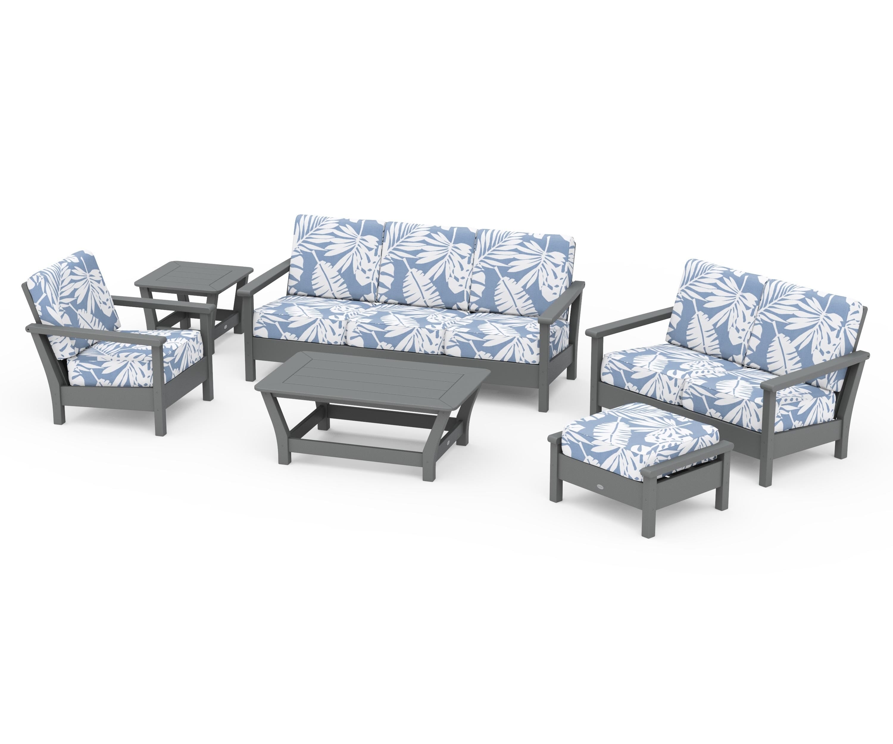 POLYWOOD Harbour 6-Piece Outdoor Living Set in Slate Grey / Leaf Sky Blue