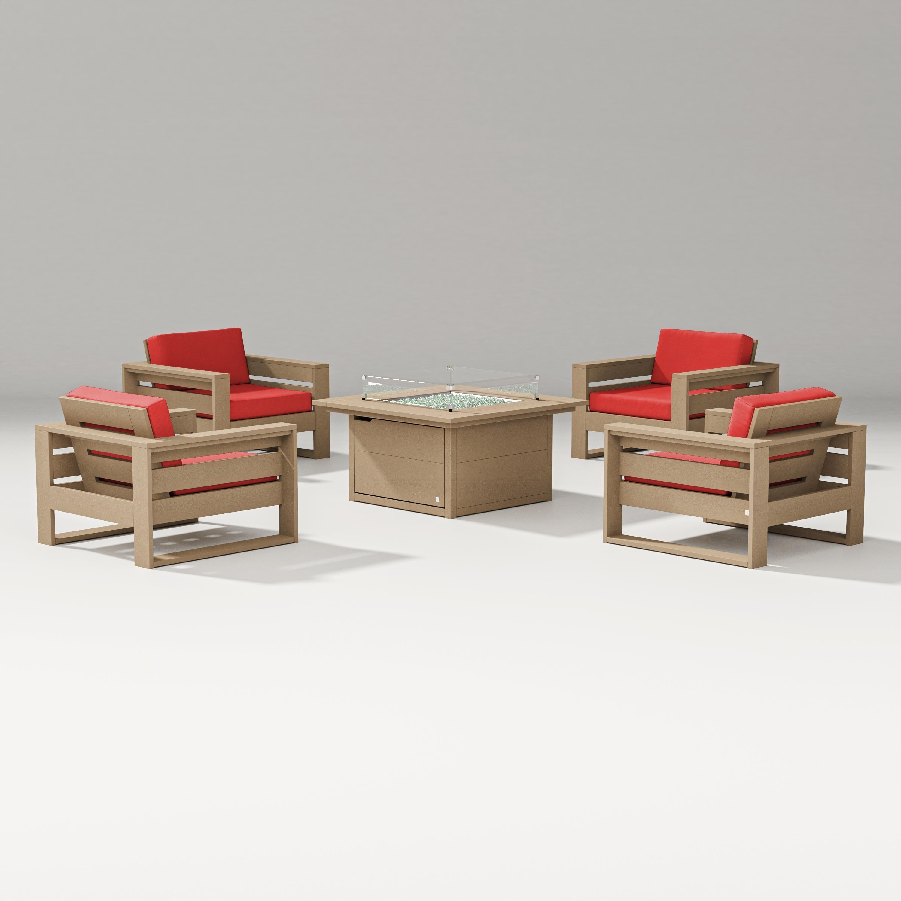 PW Designer Series Latitude 5-Piece Lounge Fire Table Set in Vintage Sahara / Crimson Linen