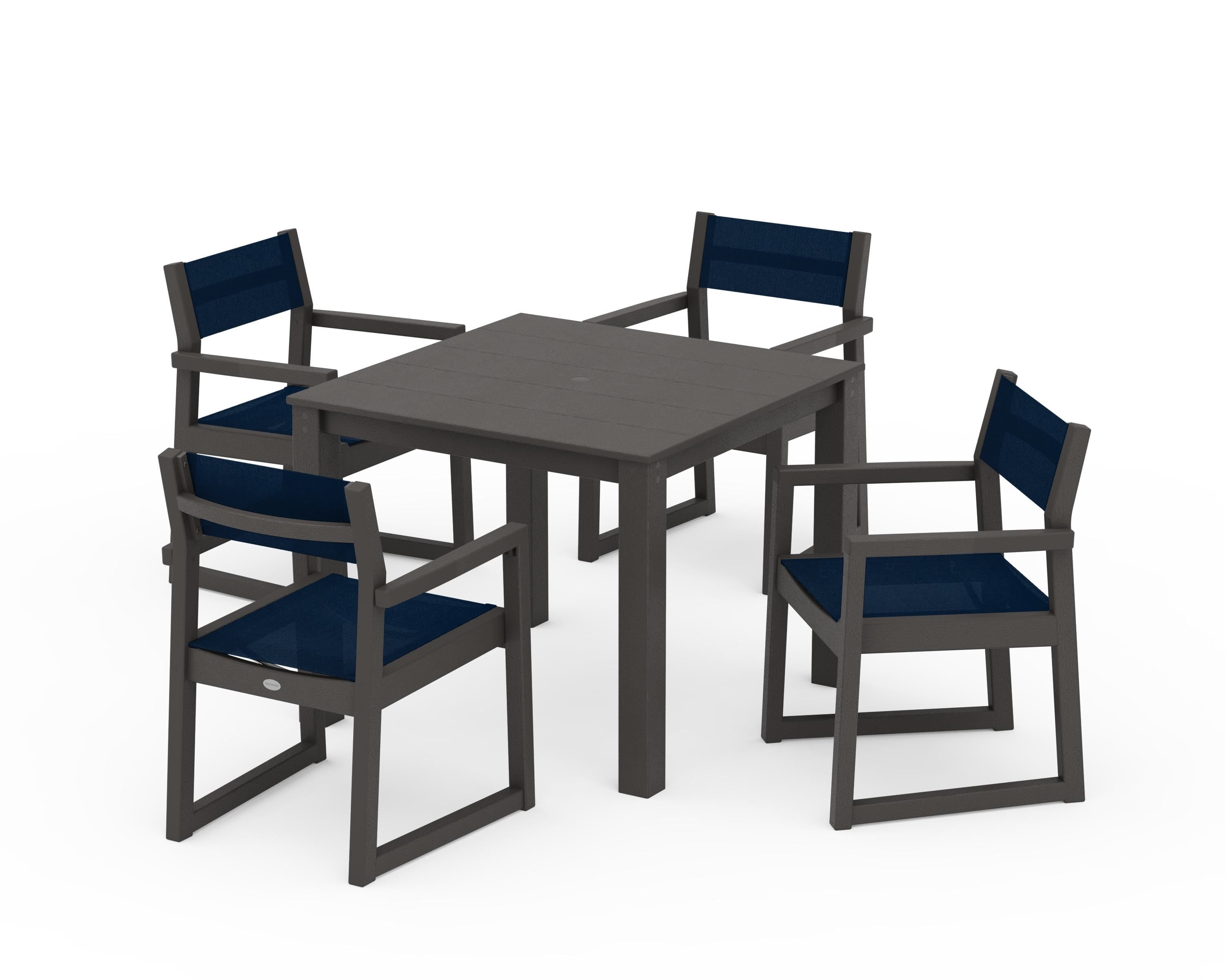 POLYWOOD EDGE Sling Arm Chair 5-Piece Parsons Dining Set in Vintage Coffee / Navy Blue Sling