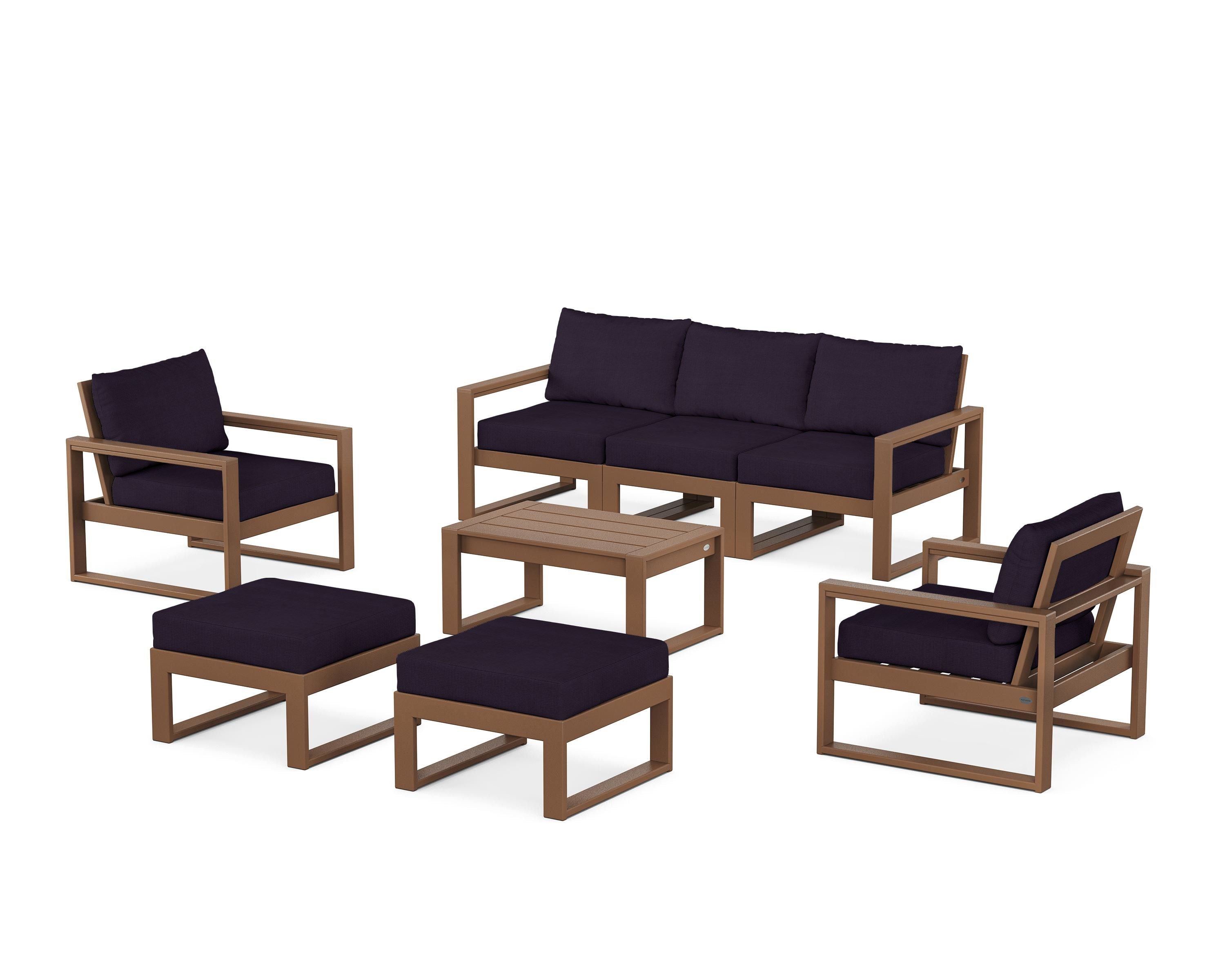 POLYWOOD EDGE Sectional 8-Piece Lounge Sofa Set in Teak / Navy Linen