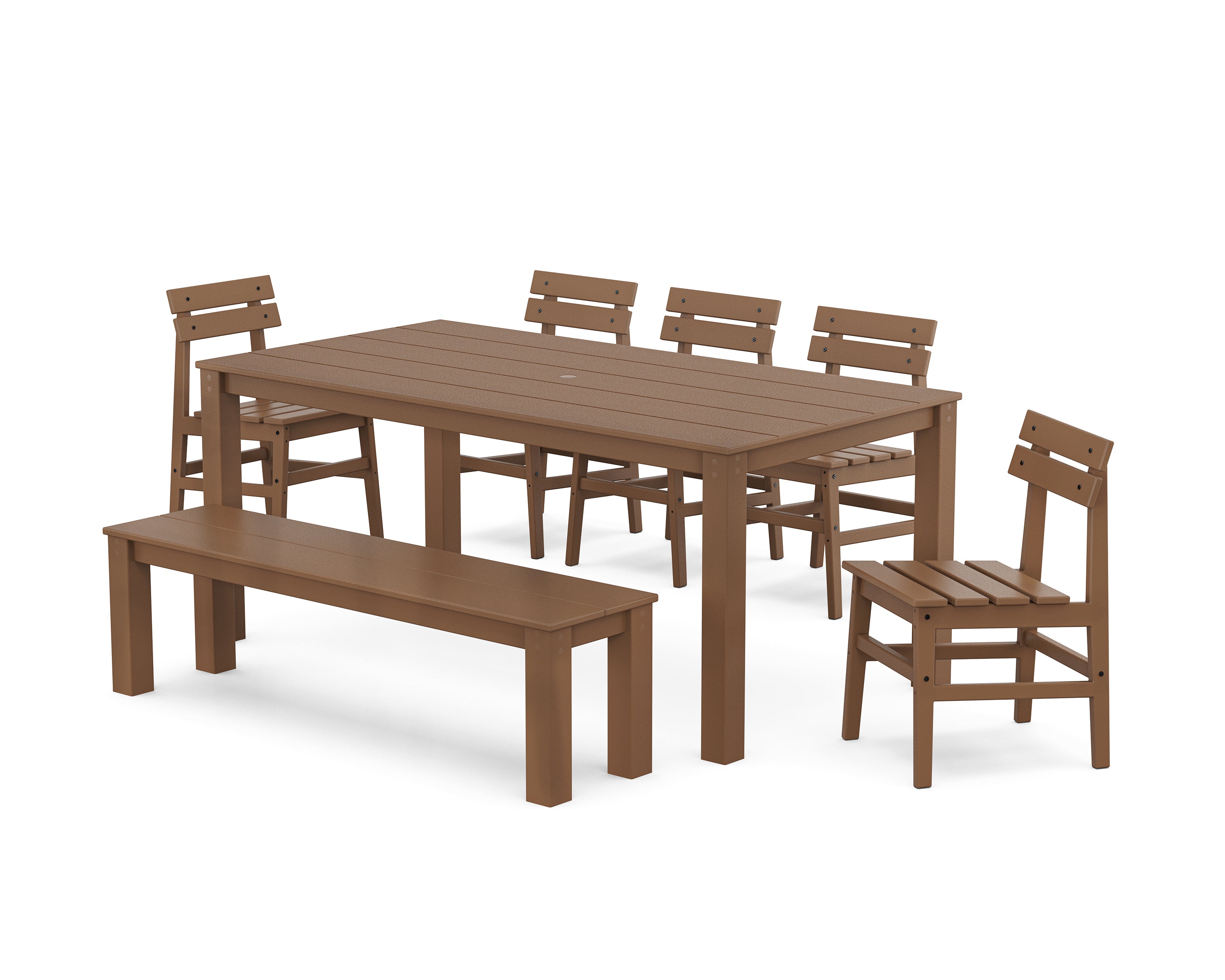 POLYWOOD® Modern Studio Plaza Chair 7-Piece Parsons Dining Set with Bench in Teak