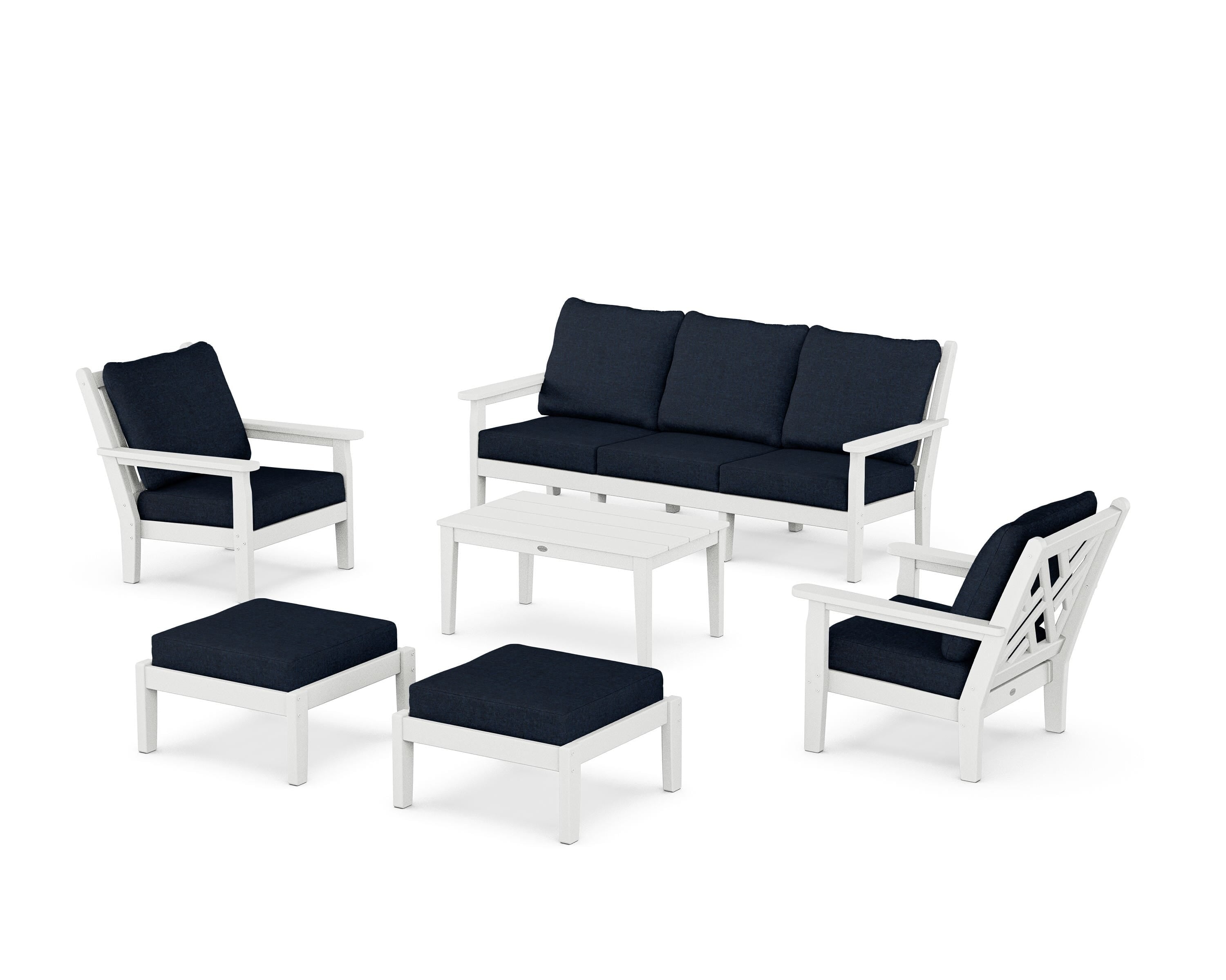 POLYWOOD Chippendale 6-Piece Lounge Sofa Set in White / Marine Indigo