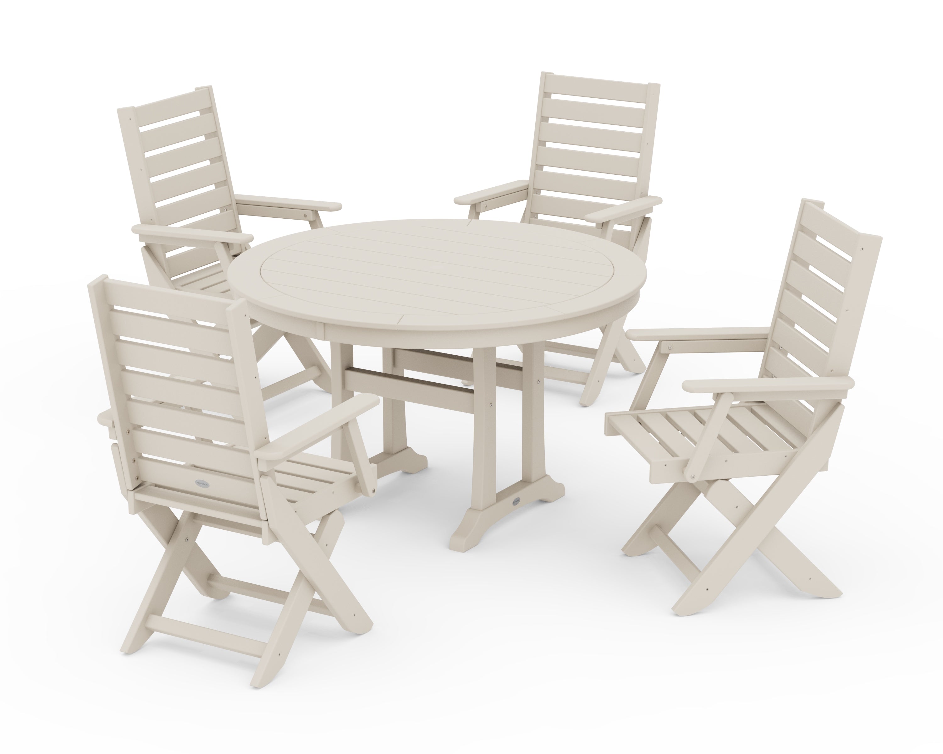 POLYWOOD Captain Folding Chair 5-Piece Round Dining Set with Trestle Legs in Sand