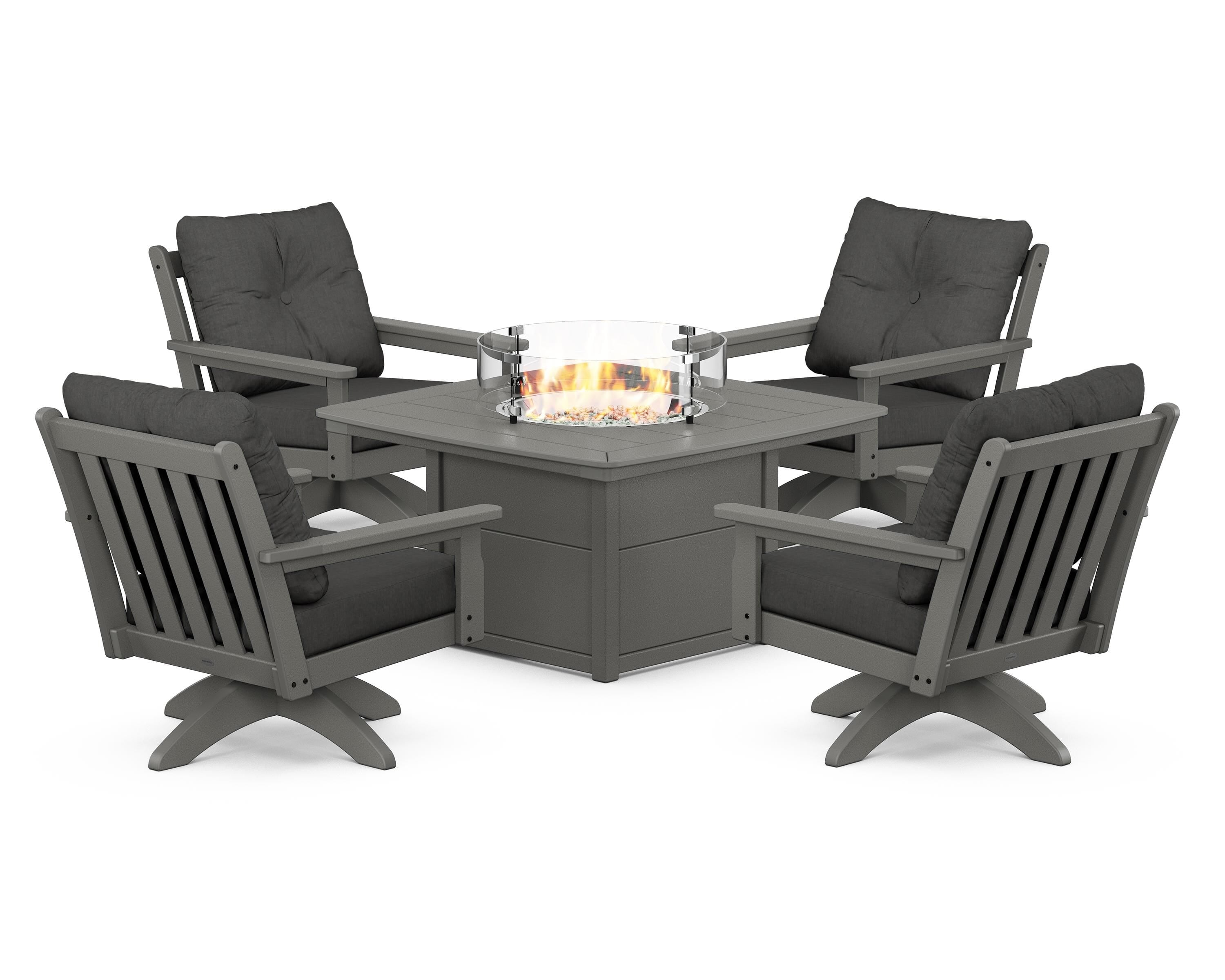 POLYWOOD Vineyard 5-Piece Deep Seating Swivel Conversation Set with Fire Pit Table in Slate Grey / Spectrum Carbon