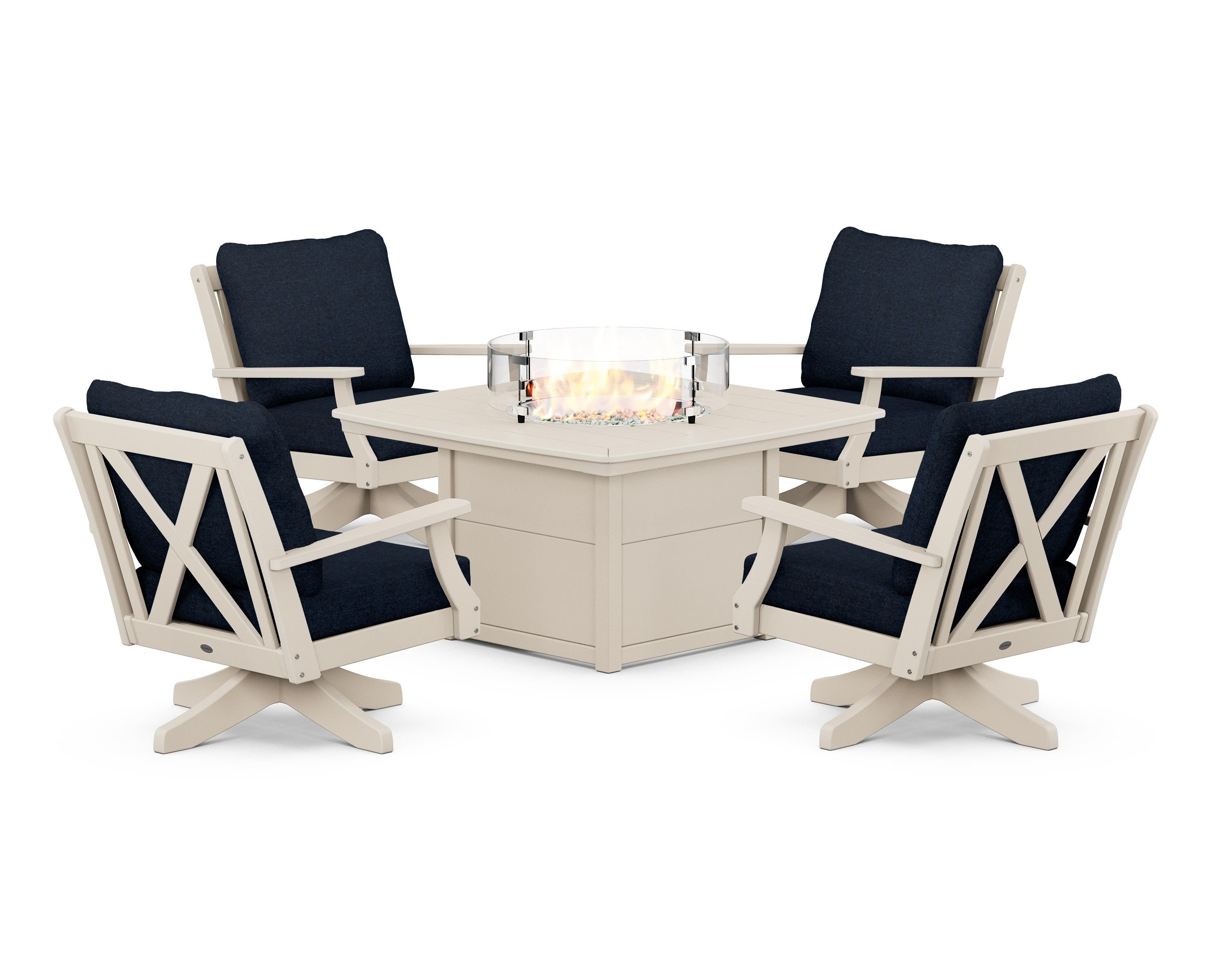 POLYWOOD Braxton 5-Piece Deep Seating Swivel Conversation Set with Fire Pit Table in Sand / Marine Indigo