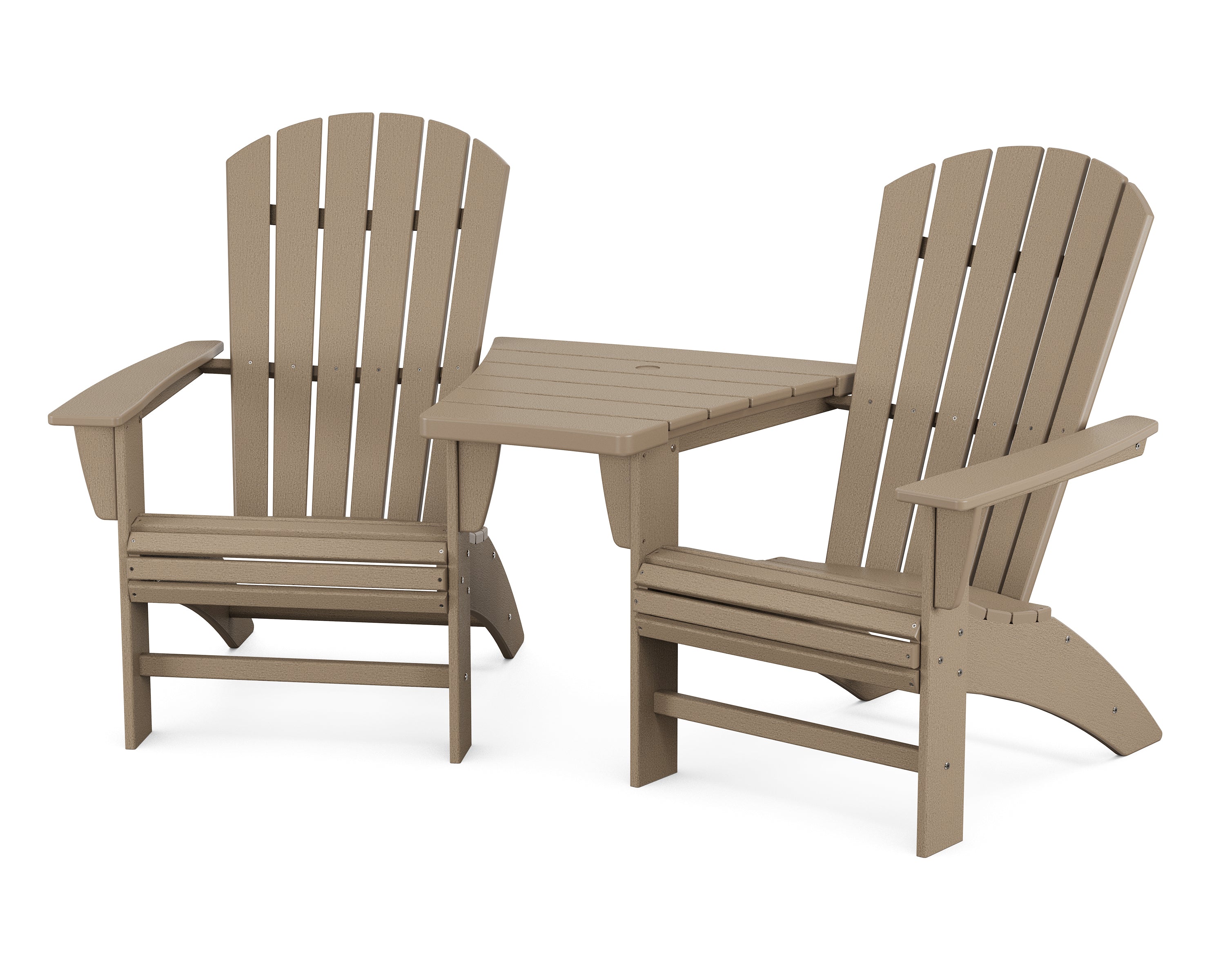 POLYWOOD® Nautical 3-Piece Curveback Adirondack Set with Angled Connecting Table in Vintage Sahara