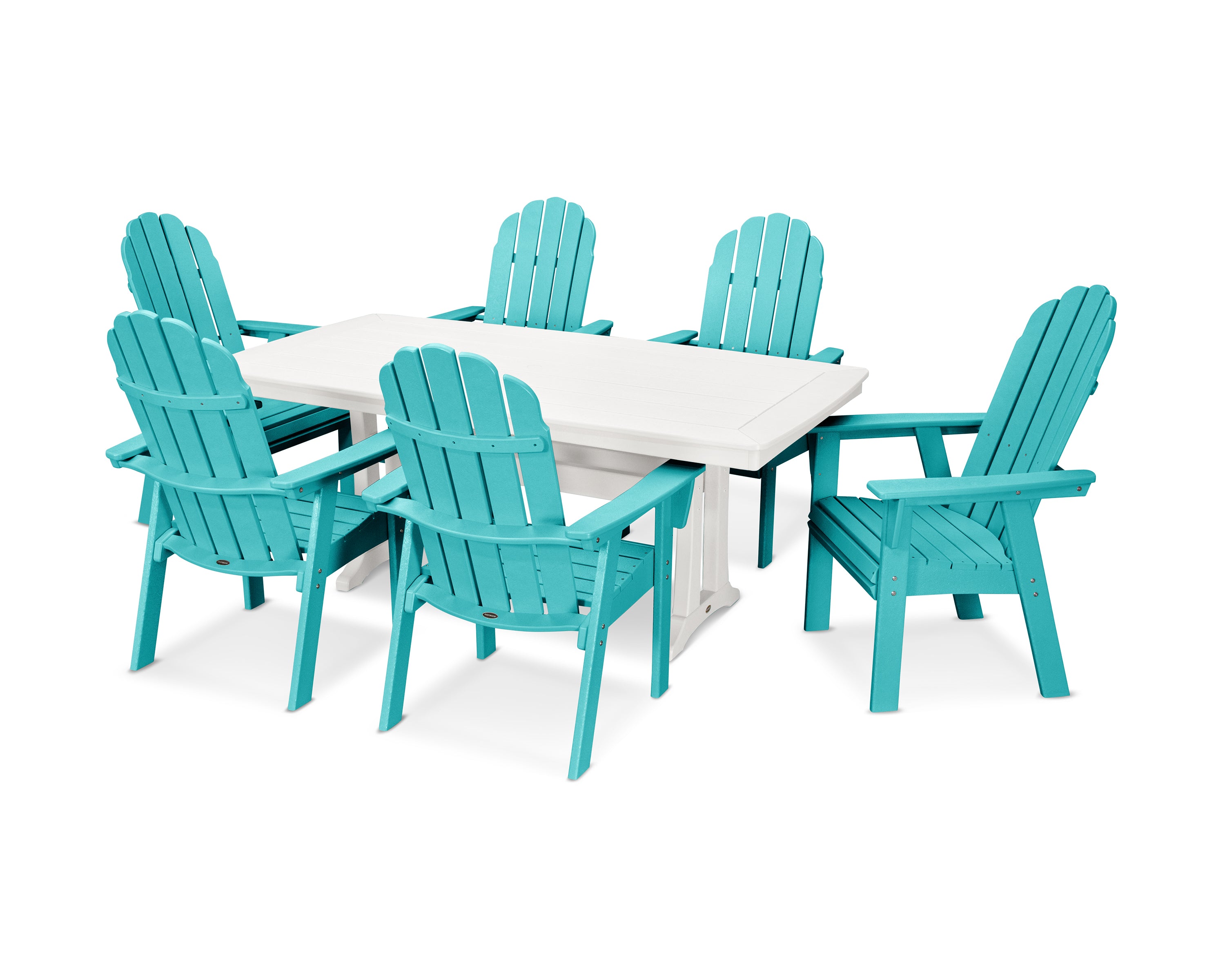 POLYWOOD® Vineyard Curveback Adirondack 7-Piece Dining Set with Trestle Legs in Aruba / White