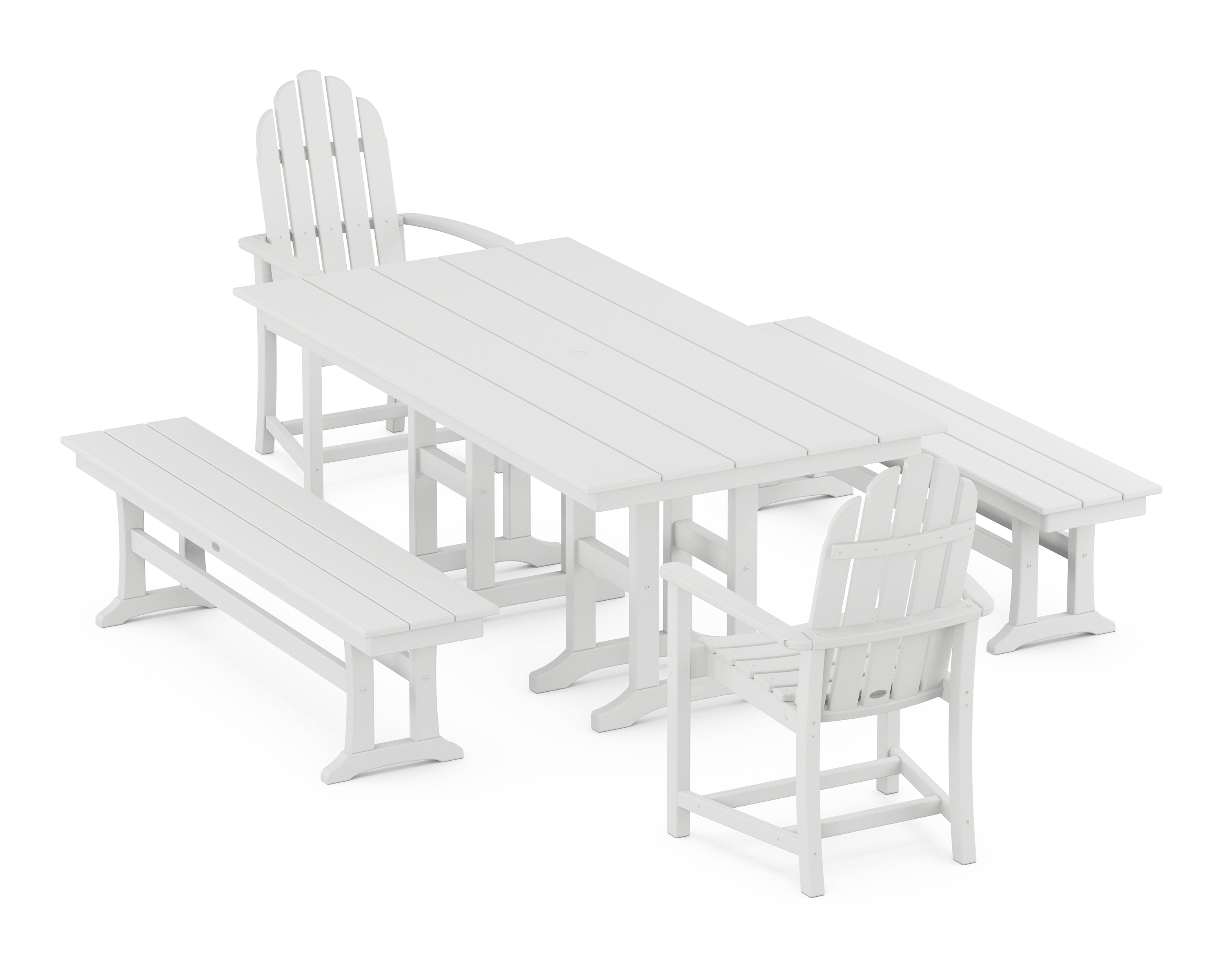 POLYWOOD® Classic Adirondack 5-Piece Farmhouse Dining Set with Benches in White