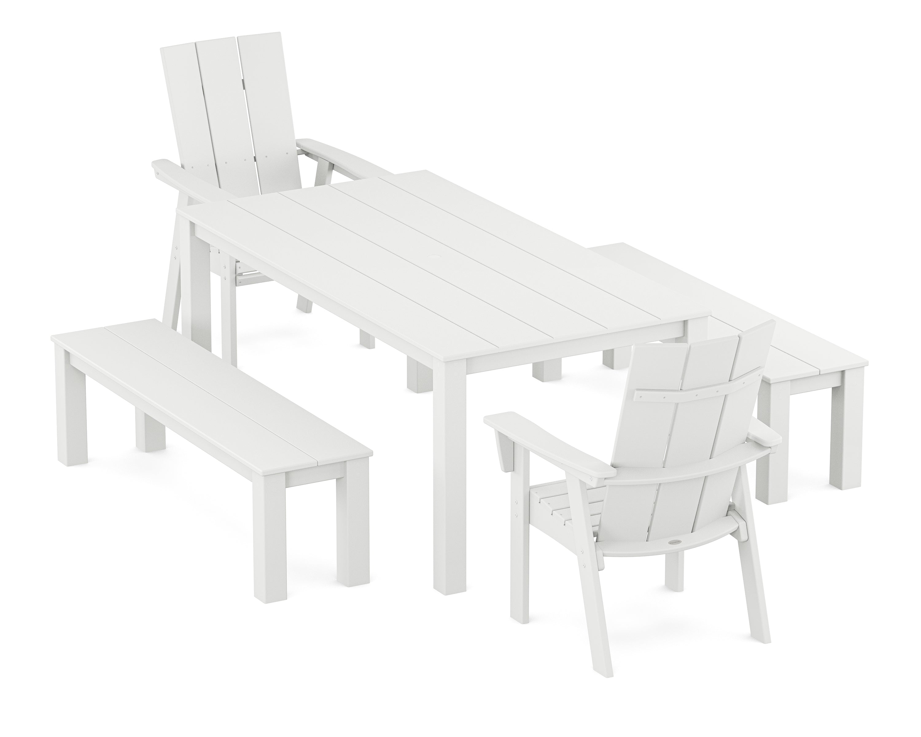 POLYWOOD® Modern Curveback Adirondack 5-Piece Parsons Dining Set with Benches in White