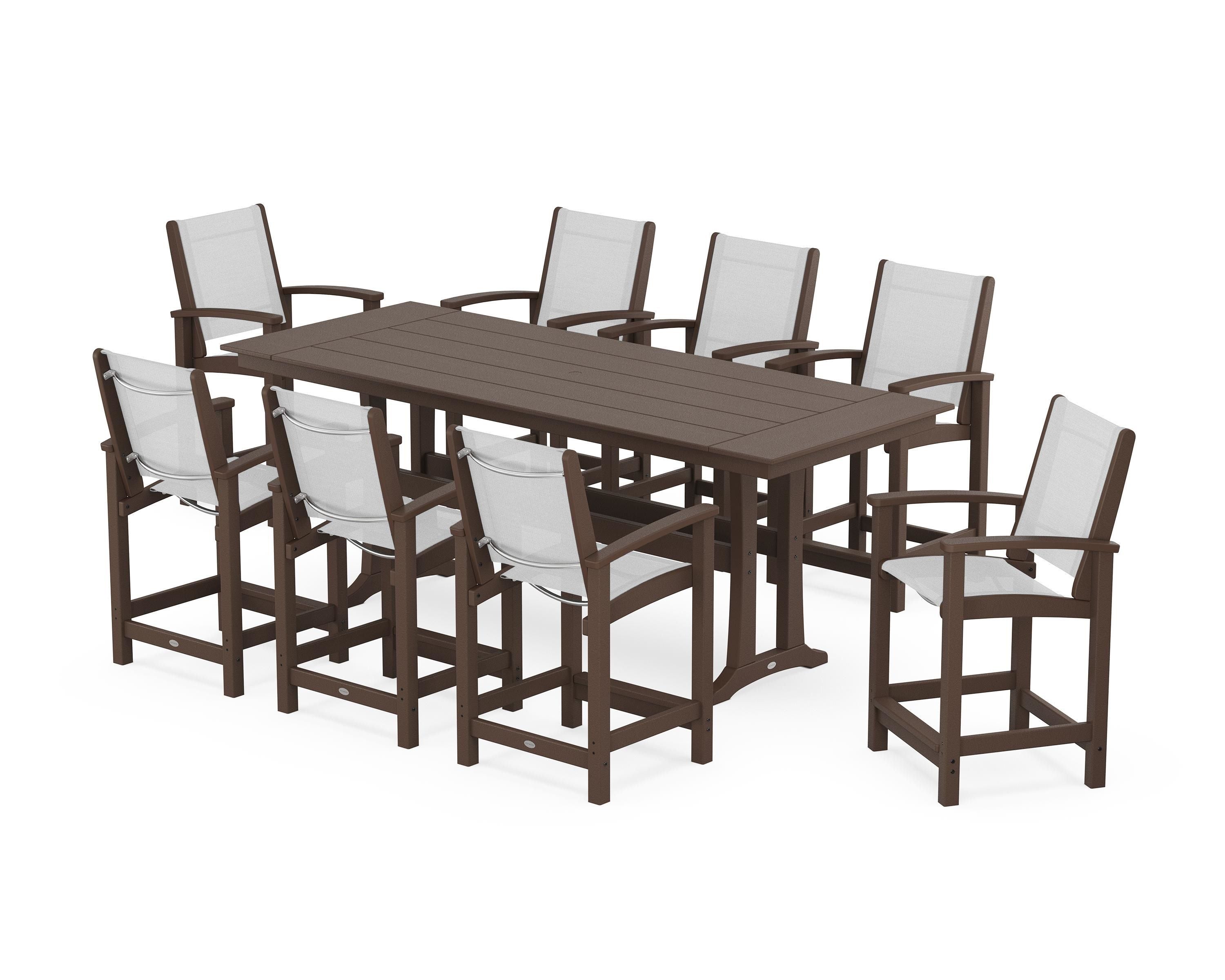 POLYWOOD Coastal 9-Piece Farmhouse Counter Set with Trestle Legs in Mahogany / White Sling