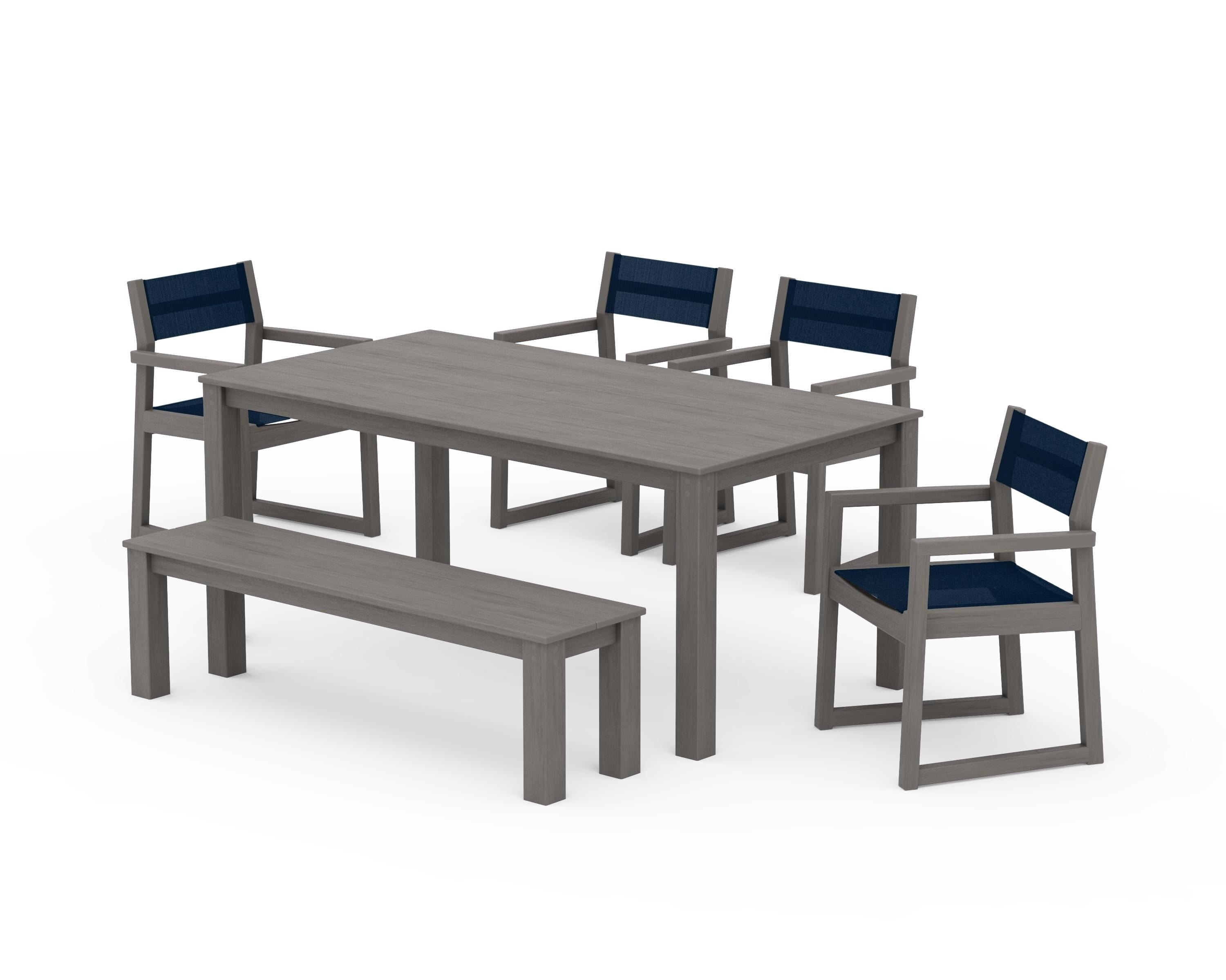 POLYWOOD EDGE Sling Arm Chair 6-Piece Parsons Dining Set with Bench in Driftwood / Navy Blue Sling