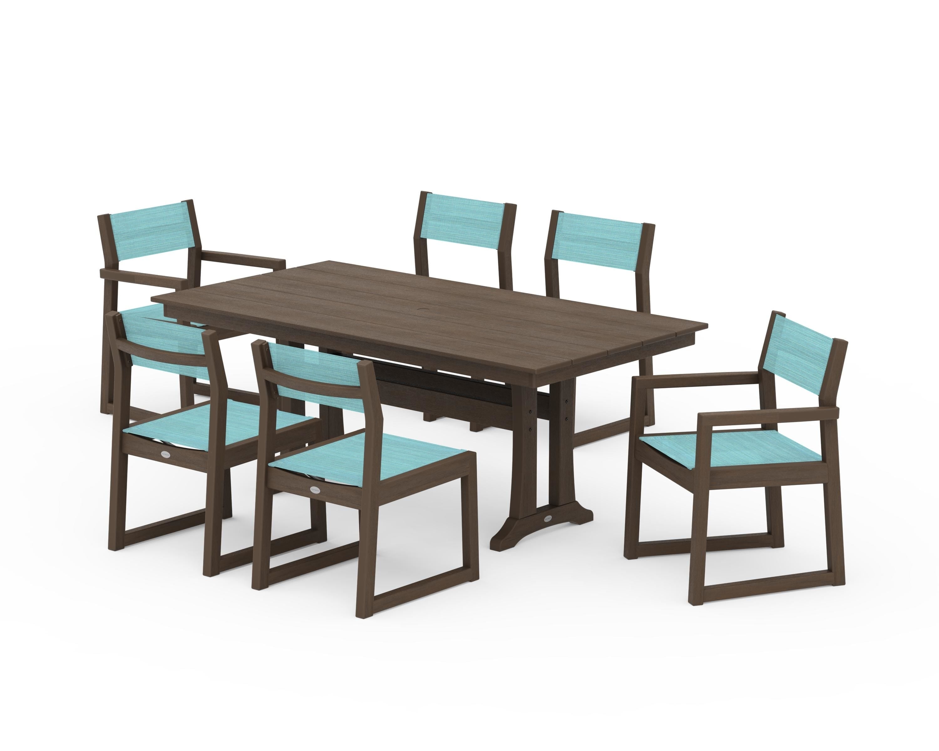 POLYWOOD EDGE Sling 7-Piece Farmhouse Trestle Dining Set in Kona / Dupioni Aquamarine Sling