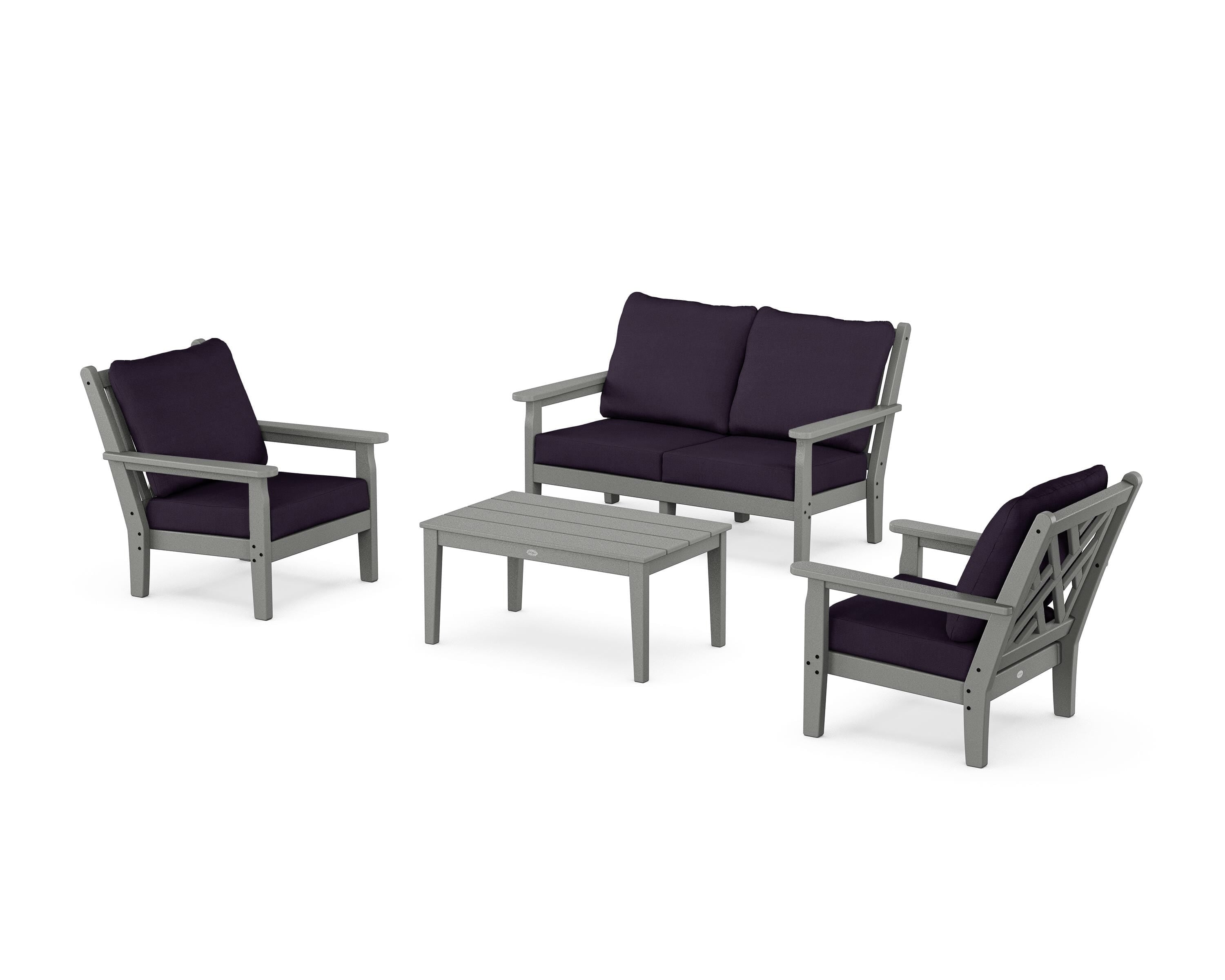 POLYWOOD Chippendale 4-Piece Deep Seating Set with Loveseat in Slate Grey / Navy Linen