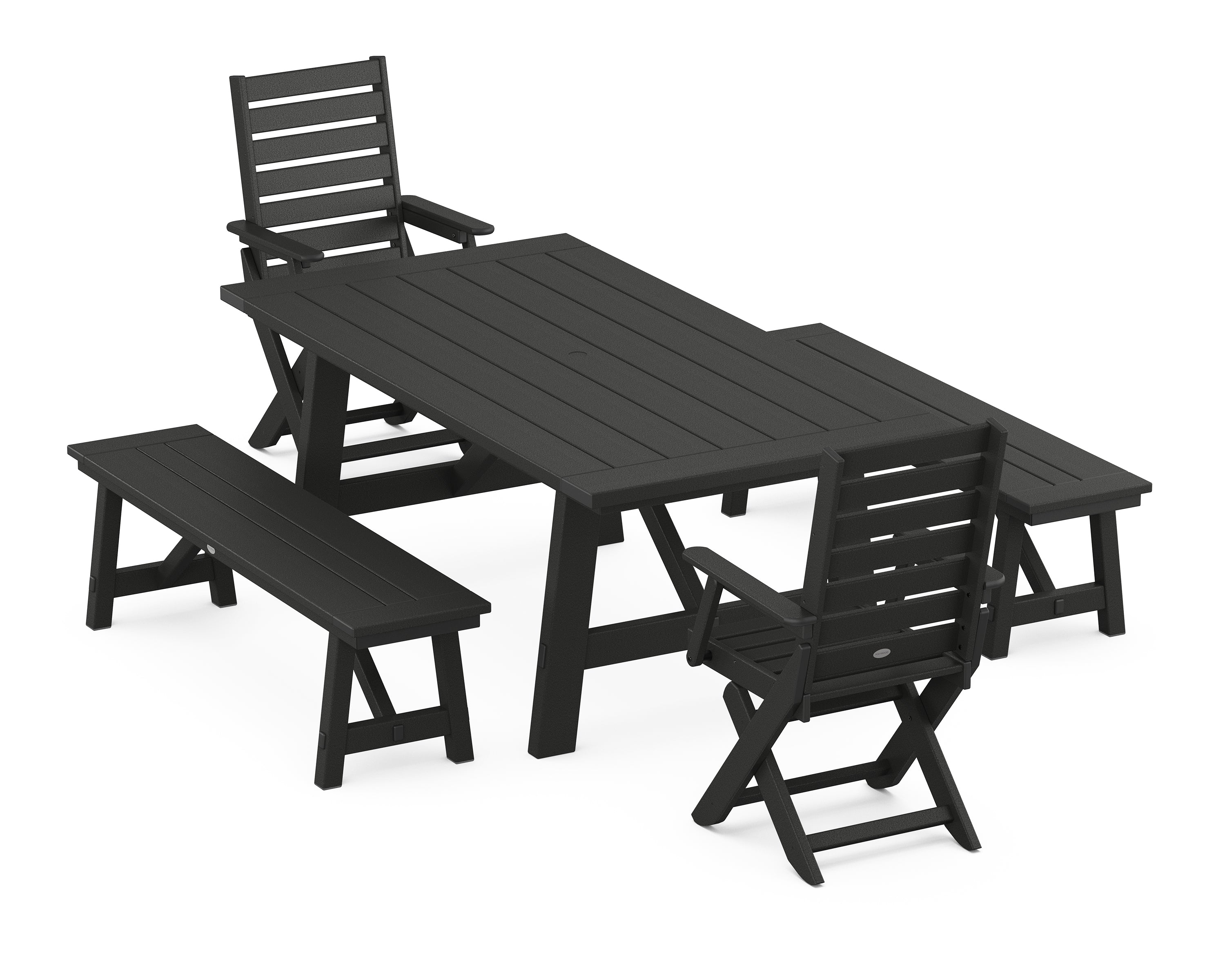 POLYWOOD® Captain Folding Chair 5-Piece Rustic Farmhouse Dining Set With Benches in Black