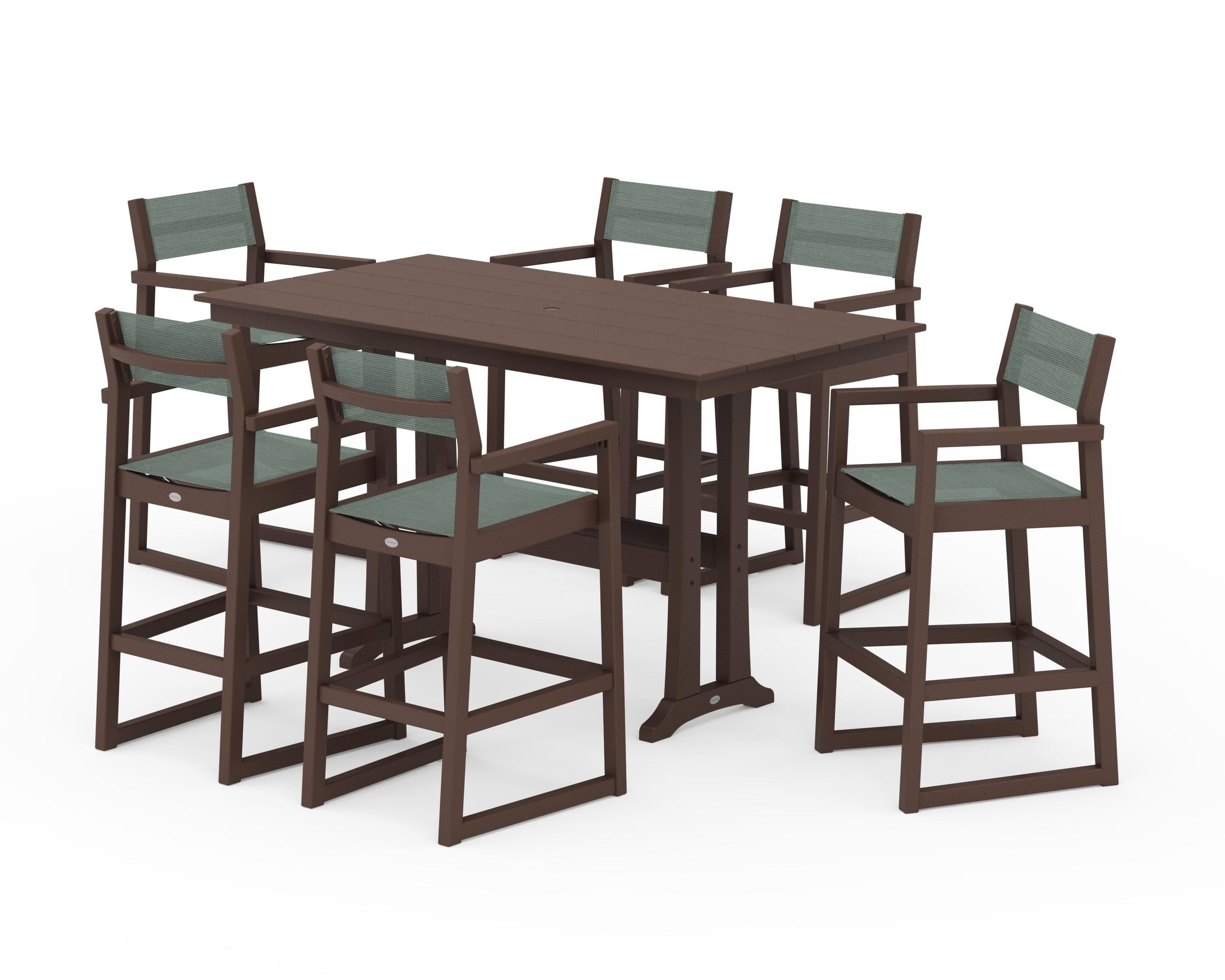 POLYWOOD EDGE Sling Arm Chair 7-Piece Farmhouse Bar Set with Trestle Legs in Mahogany / Dupioni Sea Mist Sling