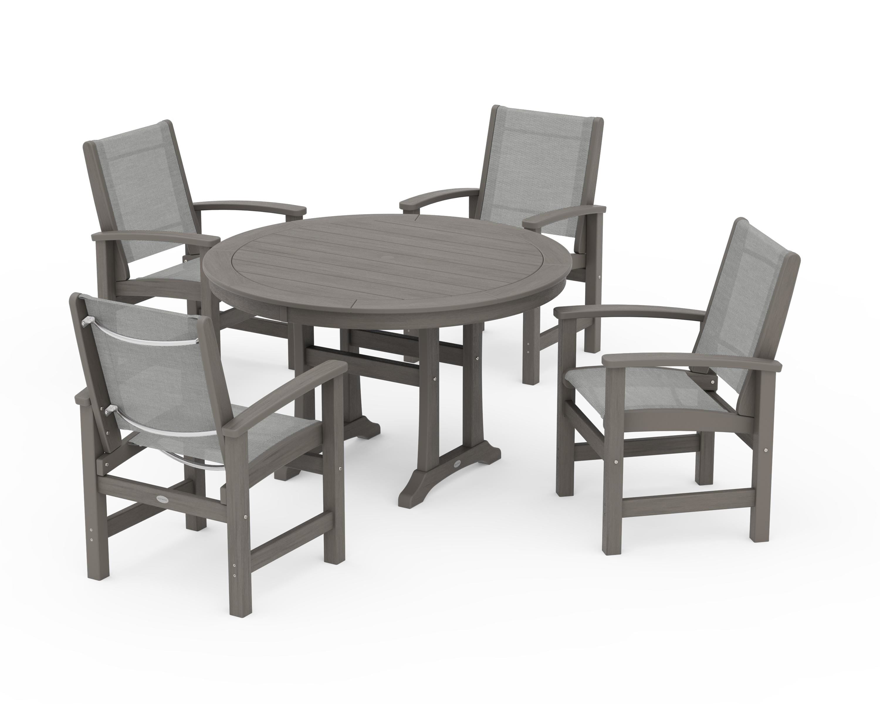 POLYWOOD Coastal 5-Piece Round Dining Set with Trestle Legs in Driftwood / Metallic Sling