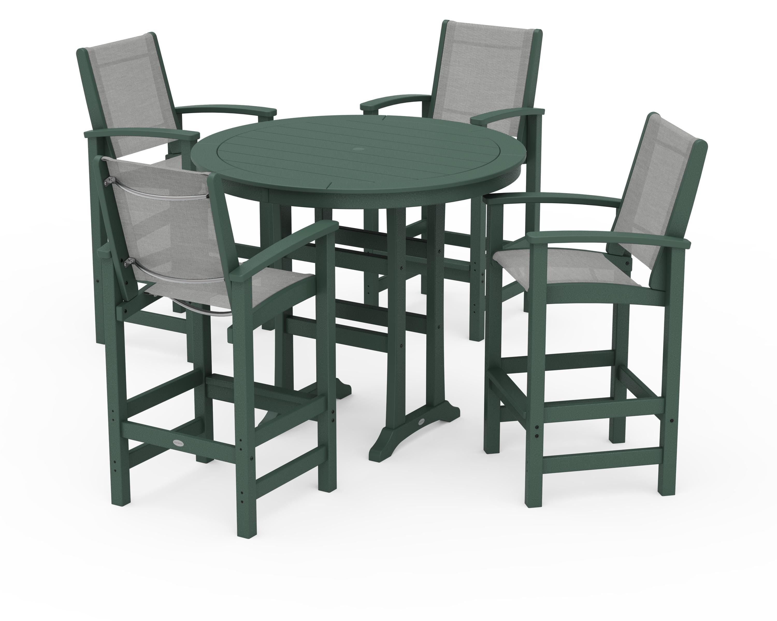 POLYWOOD Coastal 5-Piece Nautical Trestle Bar Set in Green / Metallic Sling