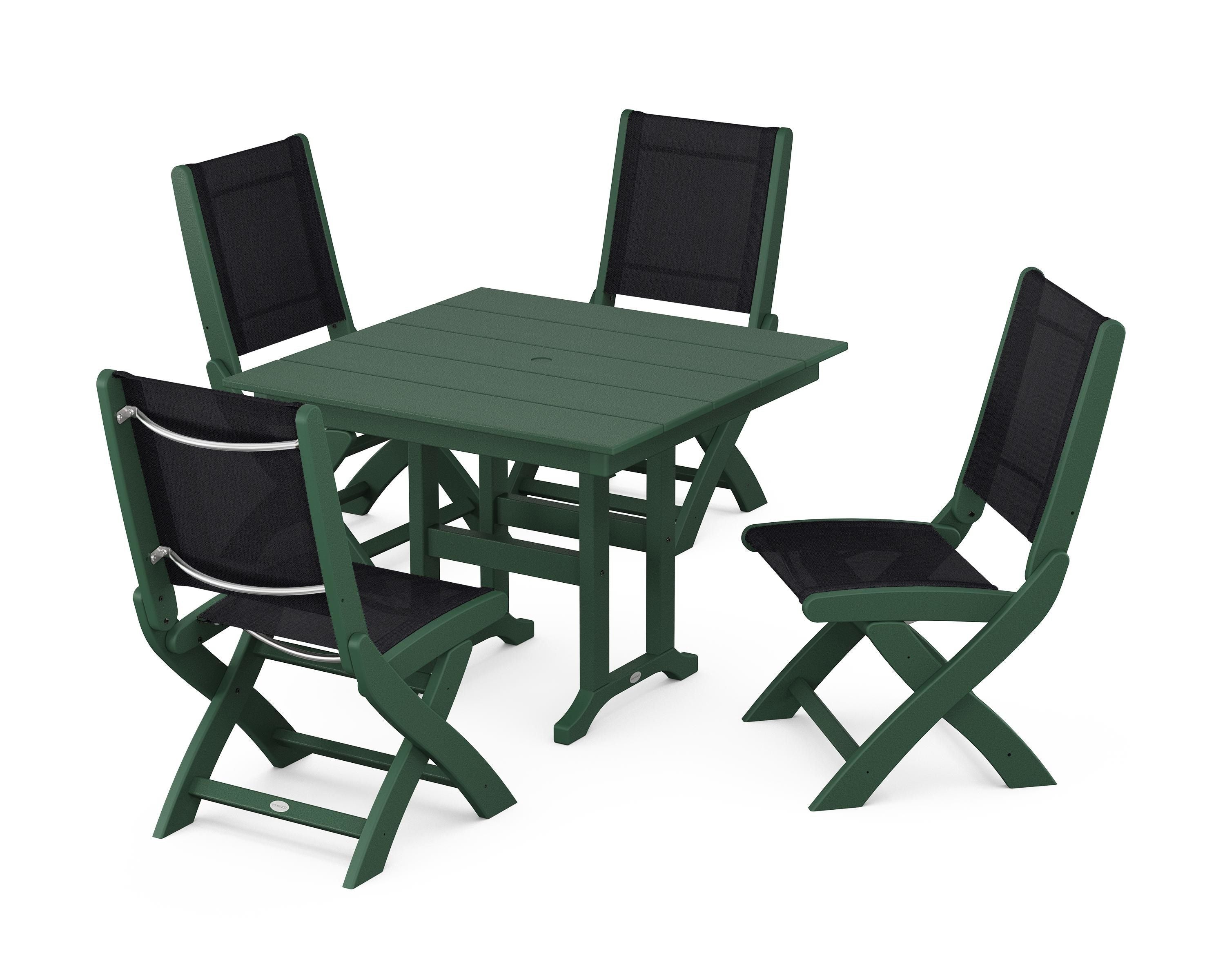 POLYWOOD Coastal Folding Side Chair 5-Piece Farmhouse Dining Set in Green / Black Sling