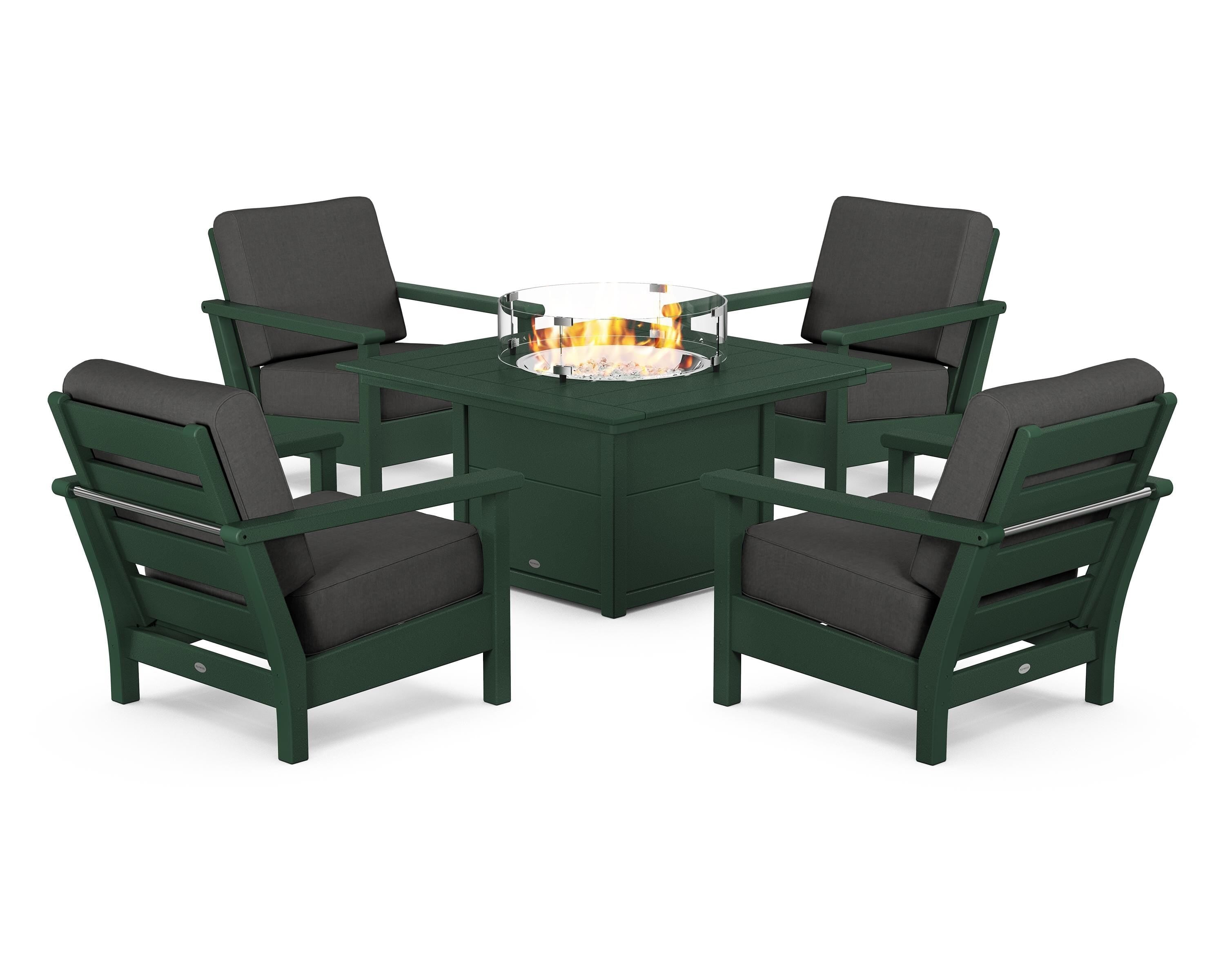 POLYWOOD Harbour 5-Piece Conversation Set with Fire Pit Table in Green / Spectrum Carbon