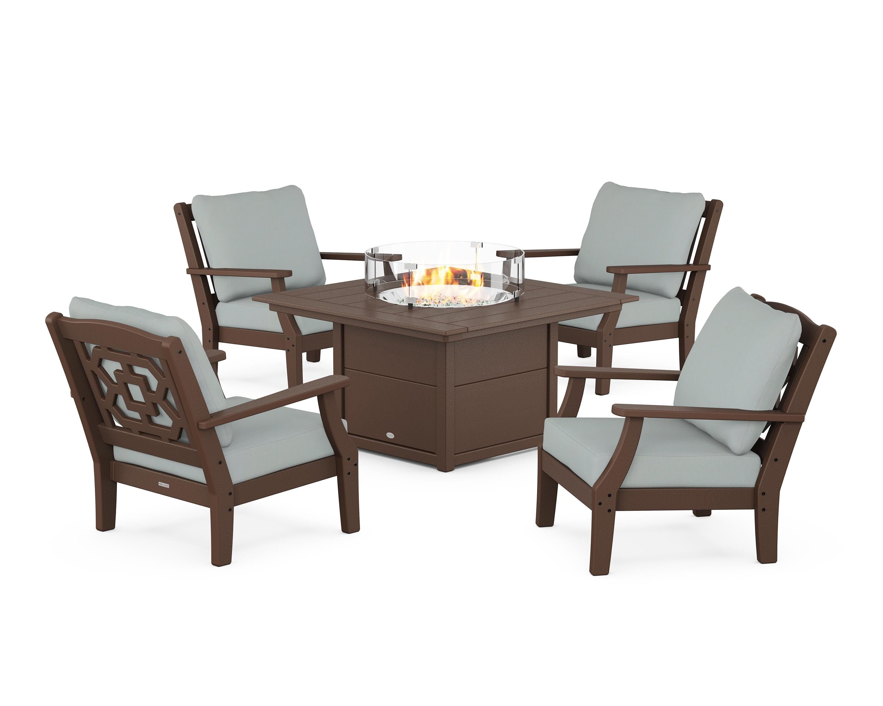 Martha Stewart by POLYWOOD Chinoiserie 5-Piece Deep Seating Set with Fire Pit Table in Mahogany / Spa
