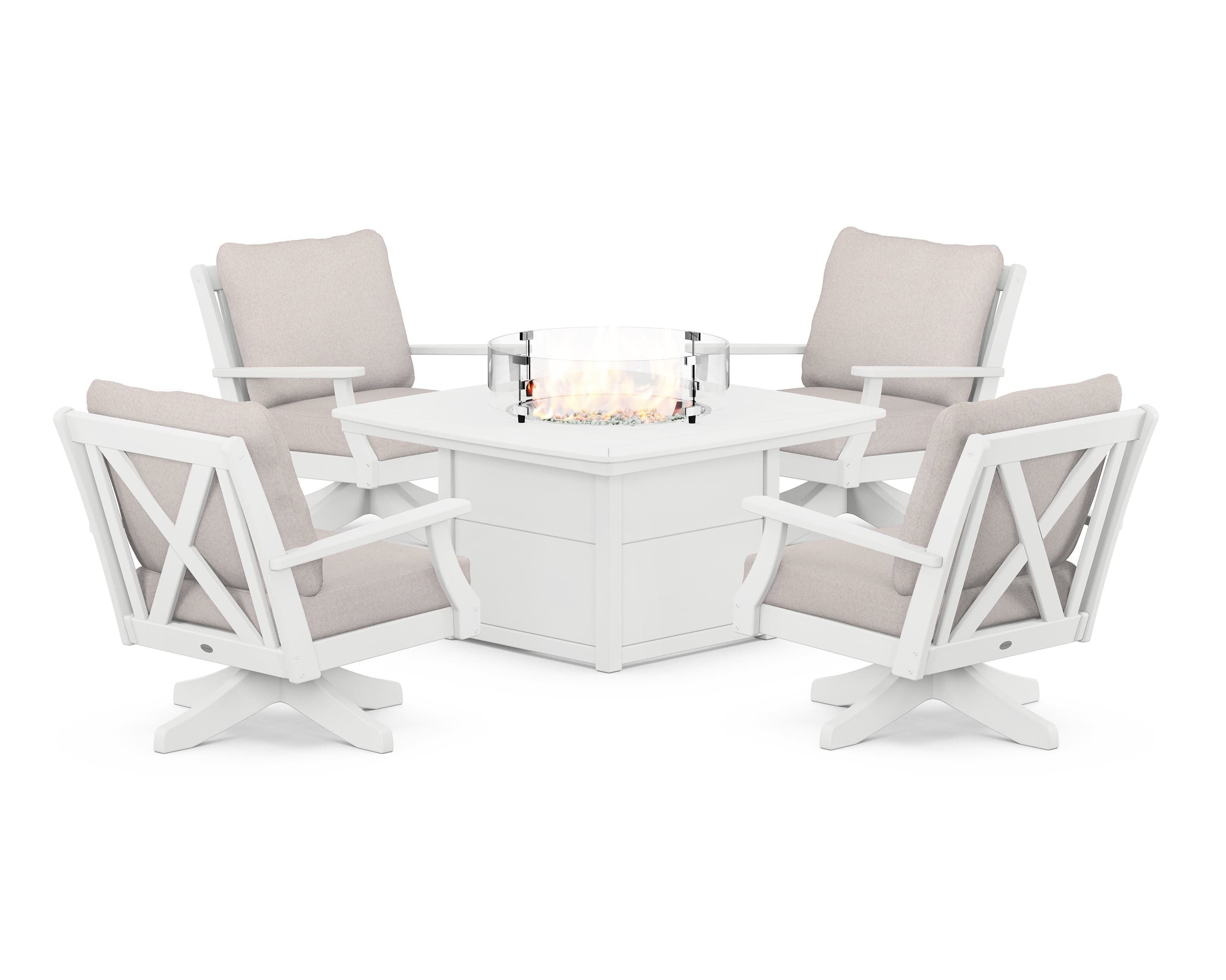 POLYWOOD Braxton 5-Piece Deep Seating Swivel Conversation Set with Fire Pit Table in White / Dune Burlap