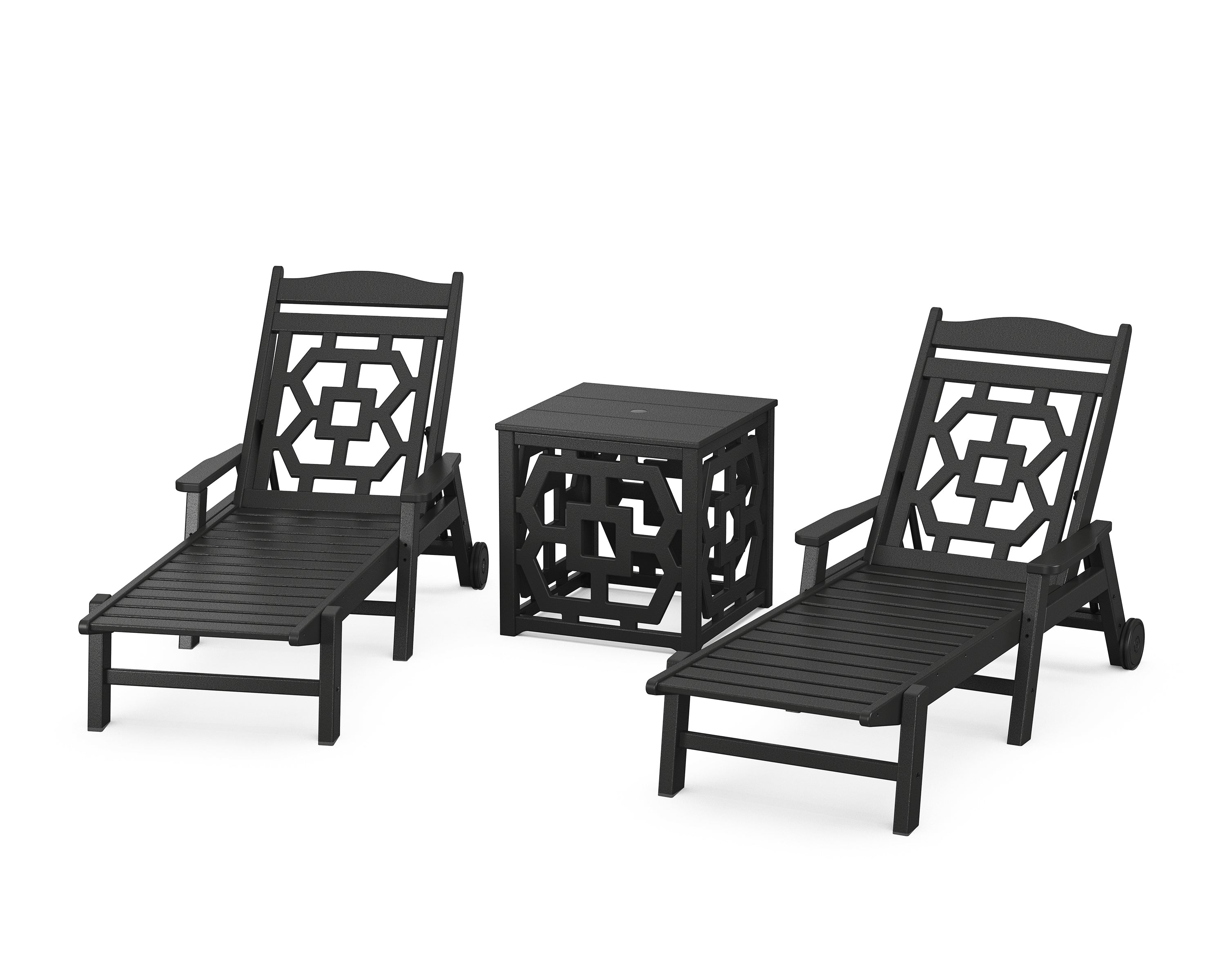 Martha Stewart by POLYWOOD Chinoiserie 3-Piece Chaise Set with Umbrella Stand Accent Table in Black