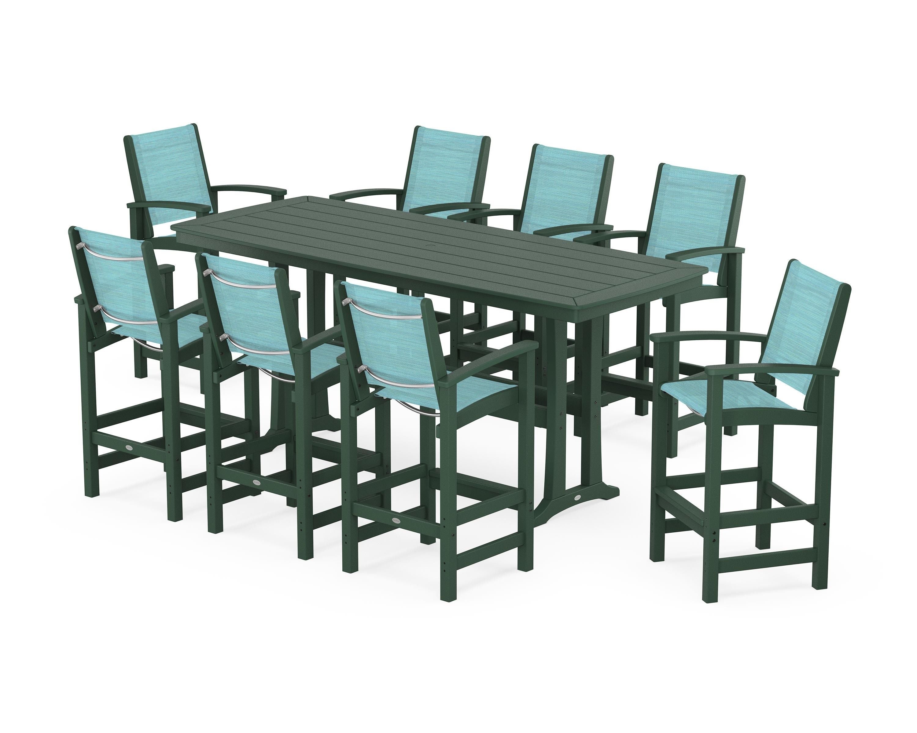 POLYWOOD Coastal 9-Piece Bar Set with Trestle Legs in Green / Dupioni Aquamarine Sling