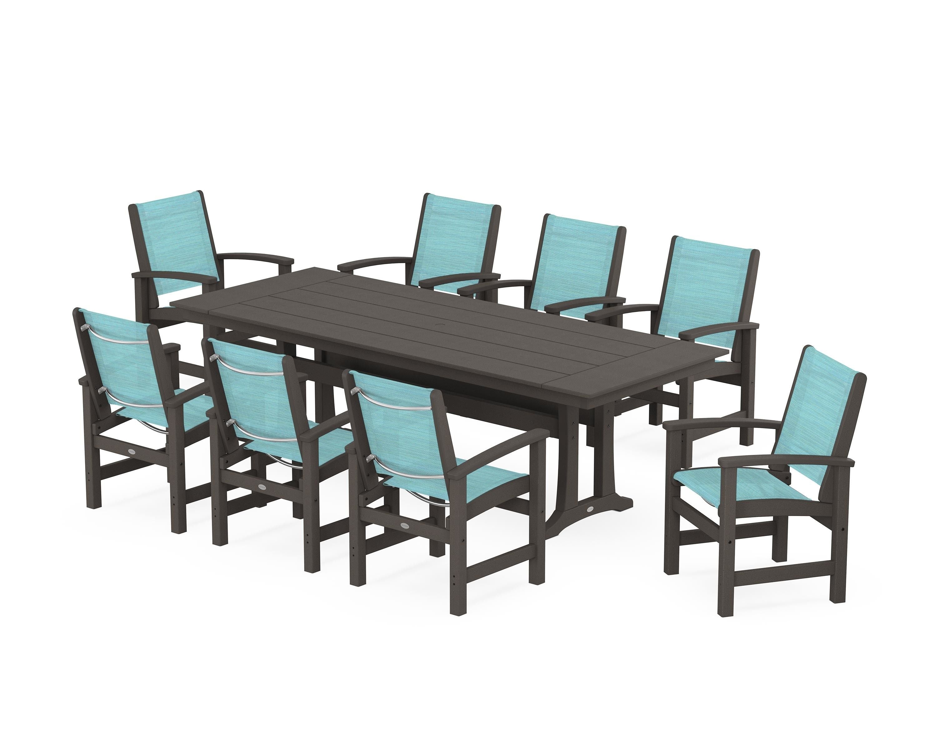 POLYWOOD Coastal 9-Piece Farmhouse Dining Set with Trestle Legs in Vintage Coffee / Dupioni Aquamarine Sling