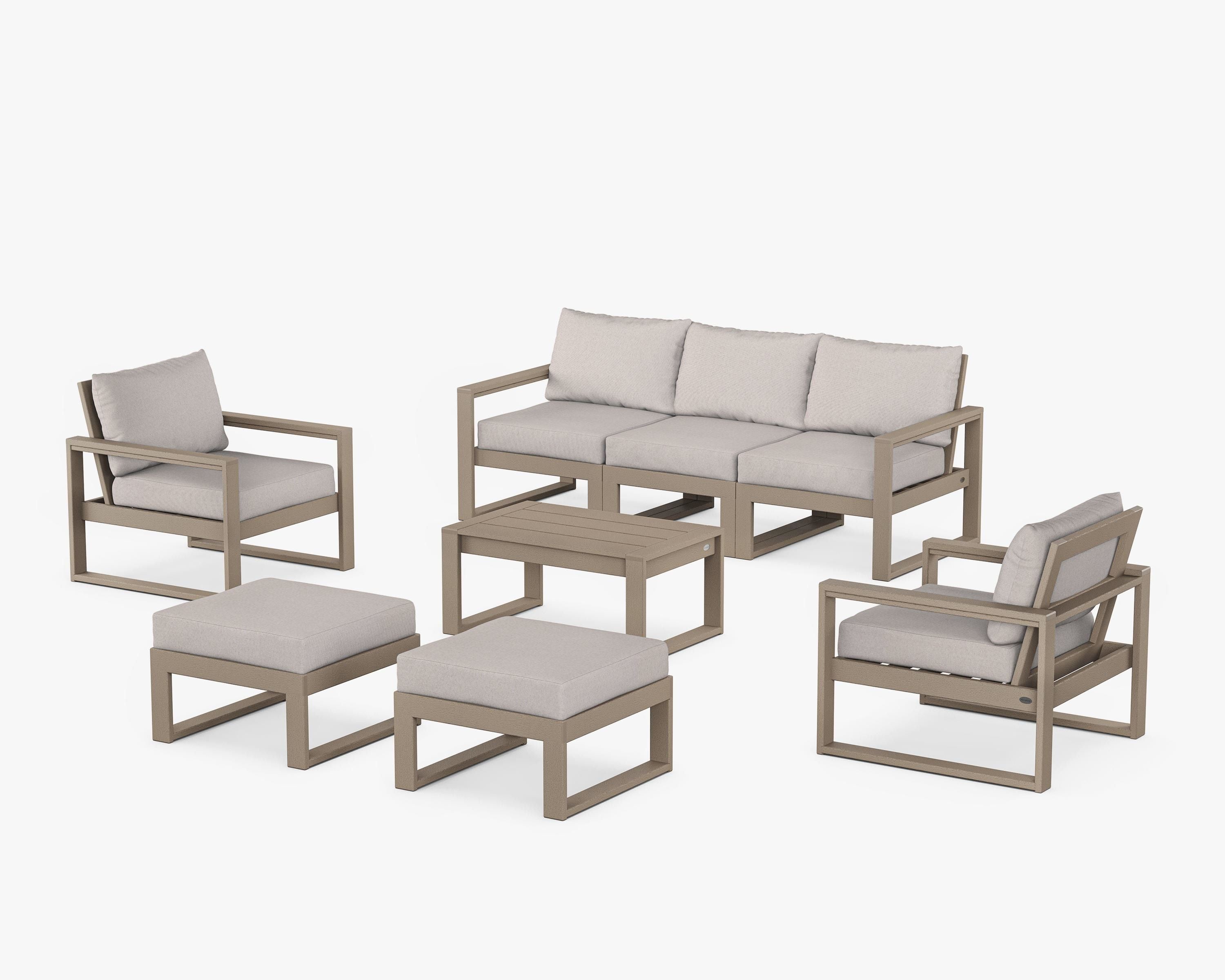 POLYWOOD EDGE Sectional 8-Piece Lounge Sofa Set in Vintage Sahara / Dune Burlap