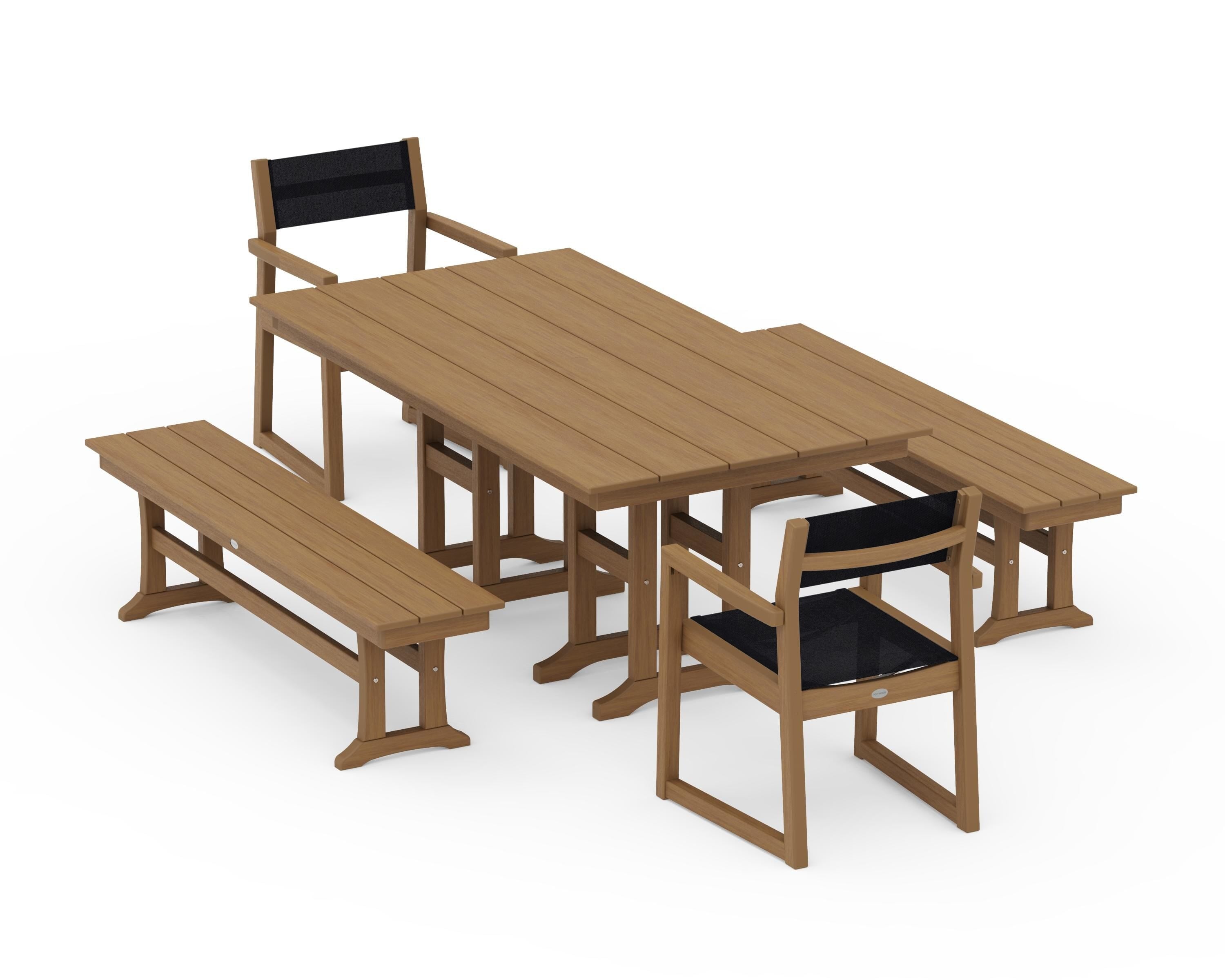 POLYWOOD EDGE Sling Arm Chair 5-Piece Farmhouse Dining Set with Benches in Natural / Black Sling