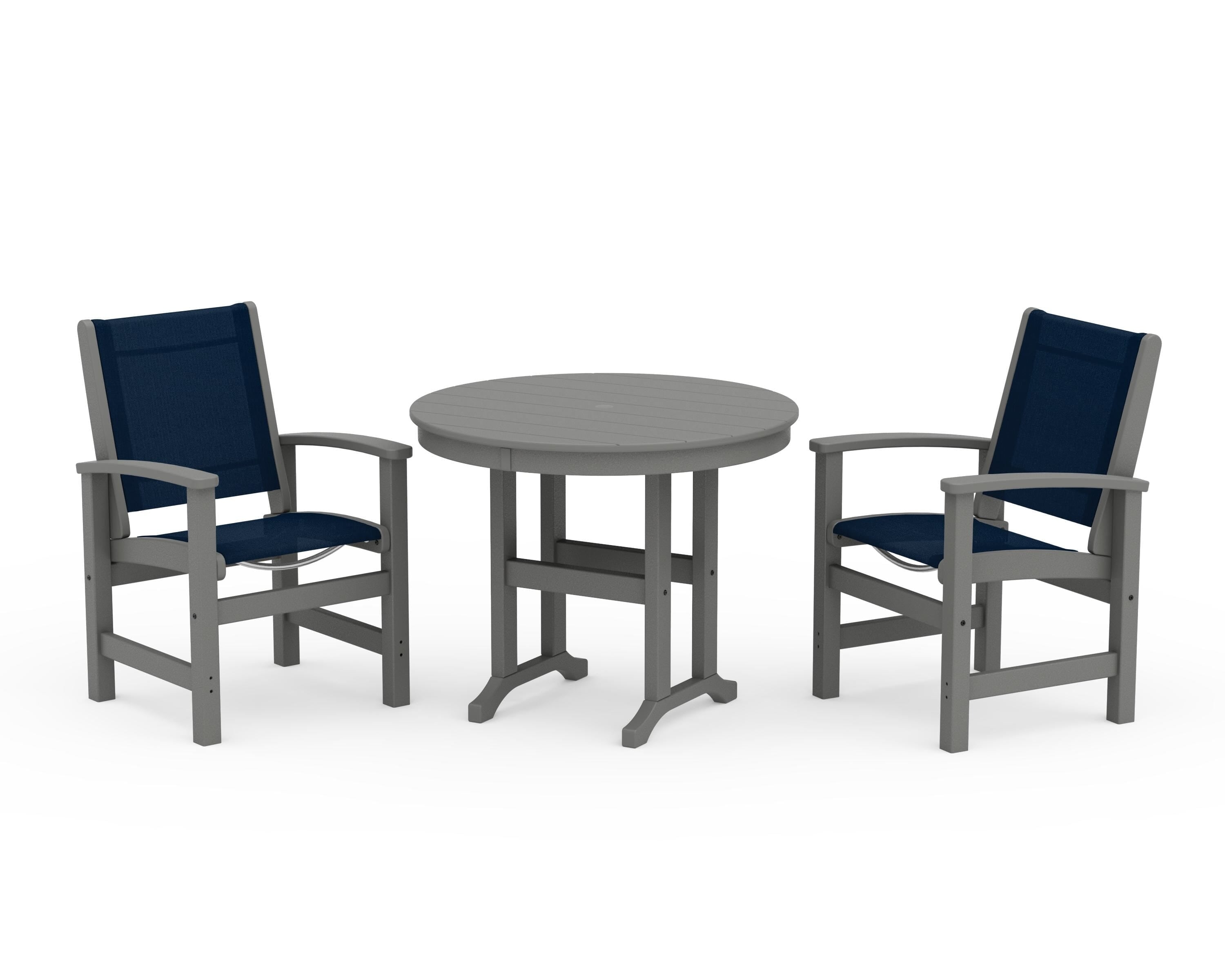 POLYWOOD Coastal 3-Piece Round Dining Set in Slate Grey / Navy Blue Sling