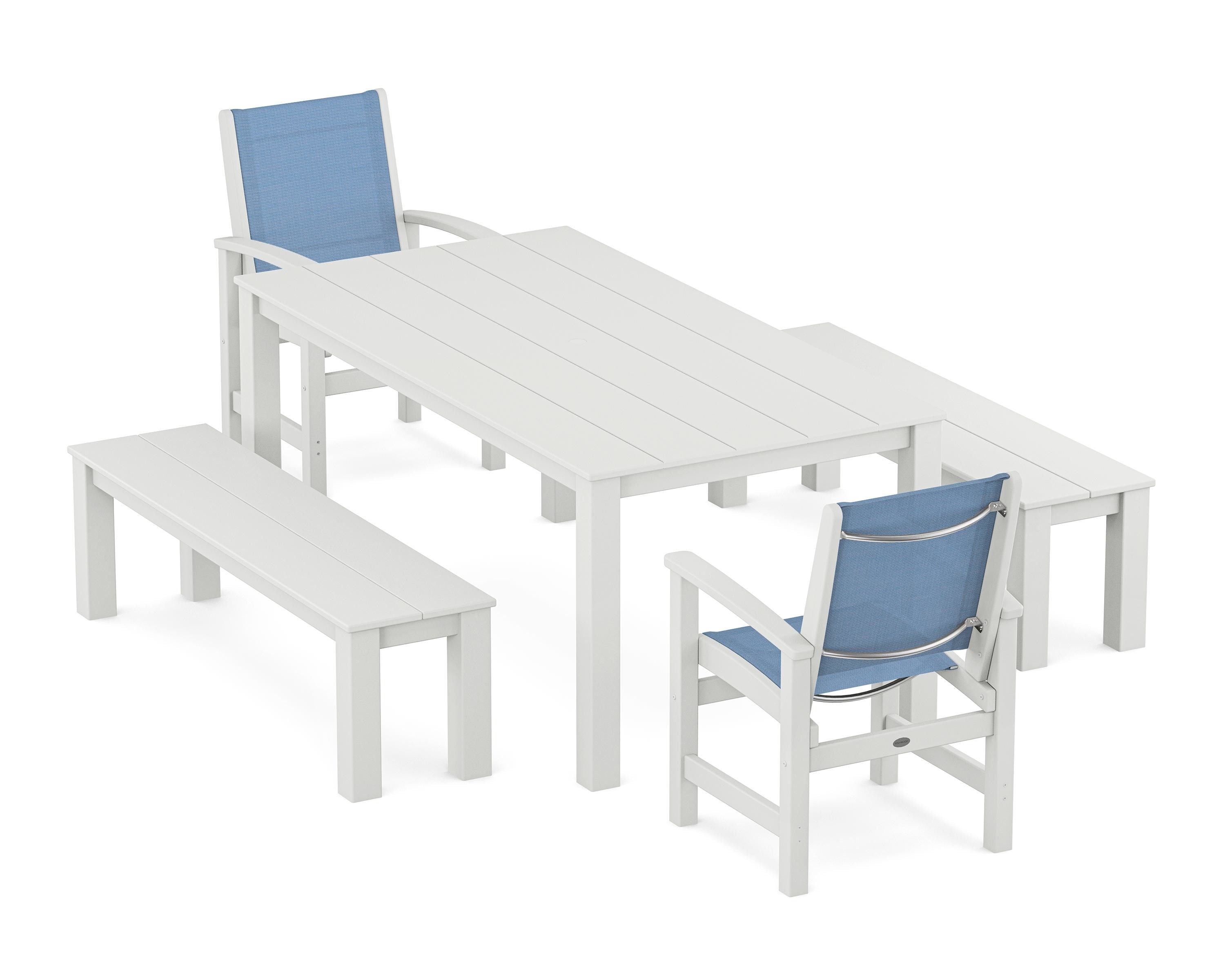 POLYWOOD Coastal 5-Piece Parsons Dining Set with Benches in White / Poolside Sling