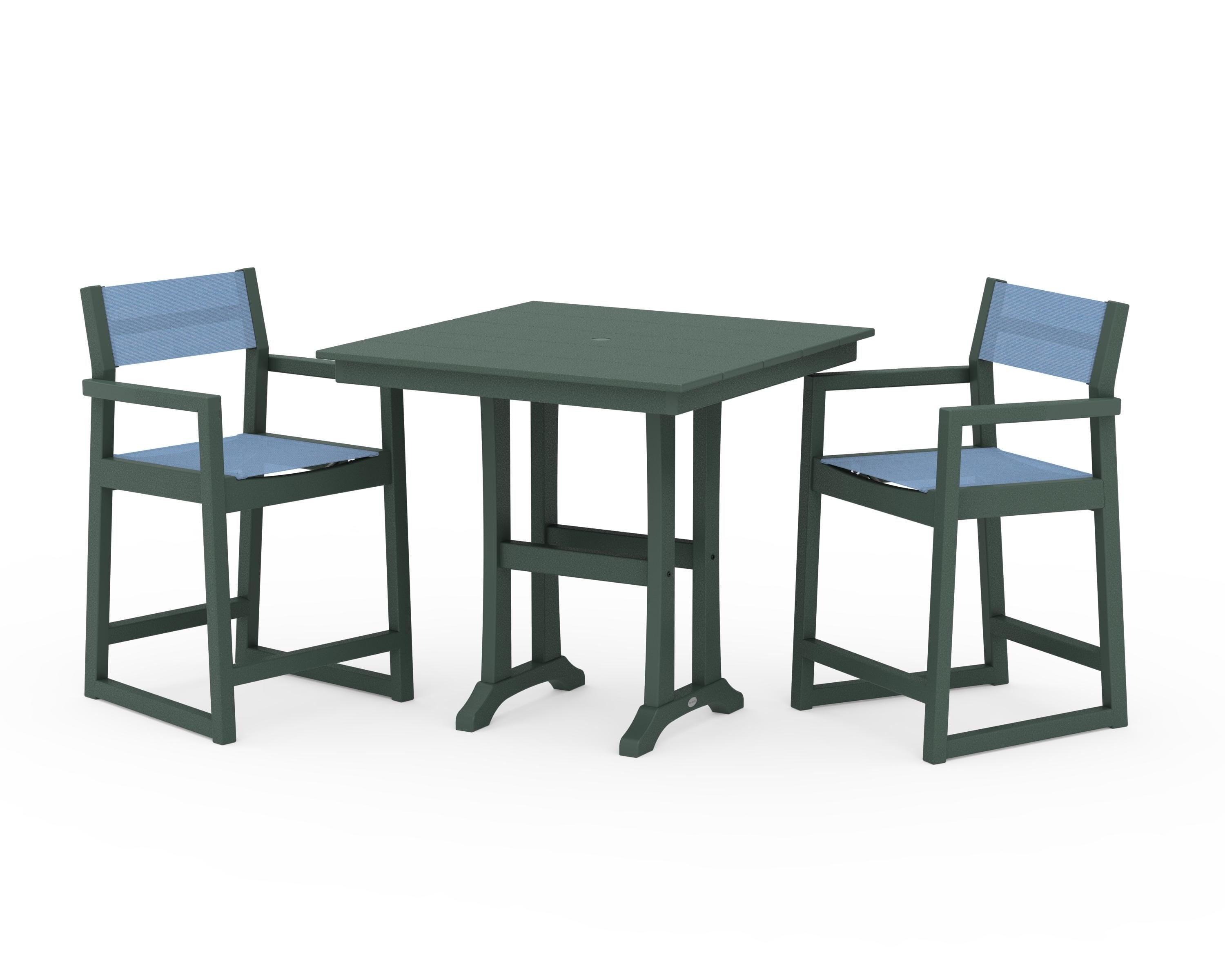 POLYWOOD EDGE Sling Arm Chair 3-Piece Farmhouse Counter Set with Trestle Legs in Green / Poolside Sling