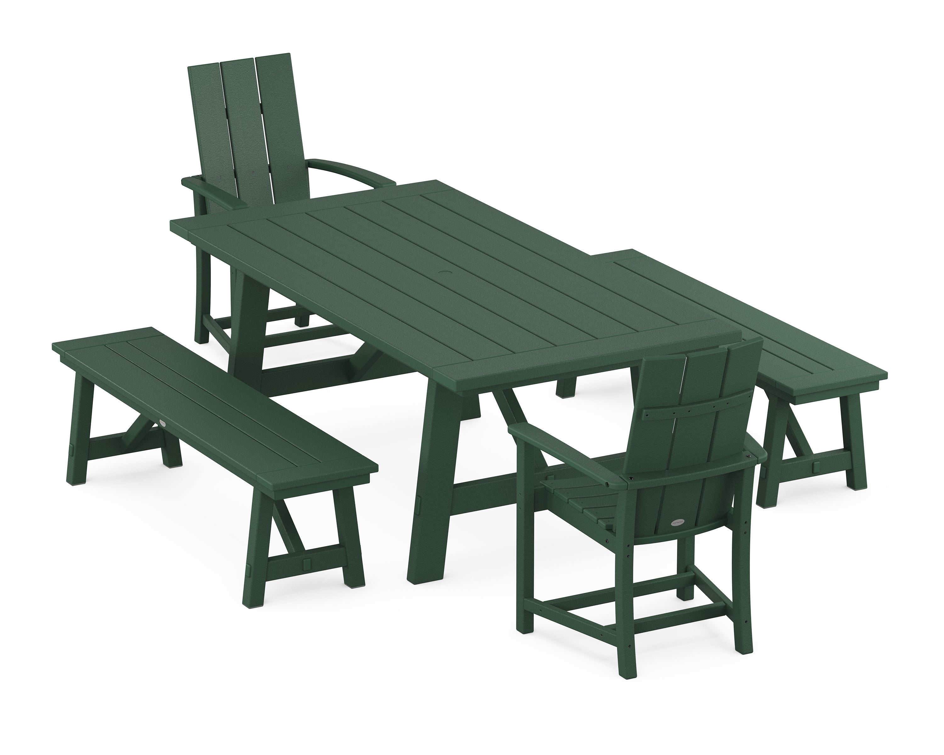 POLYWOOD® Modern Adirondack 5-Piece Rustic Farmhouse Dining Set With Benches in Green