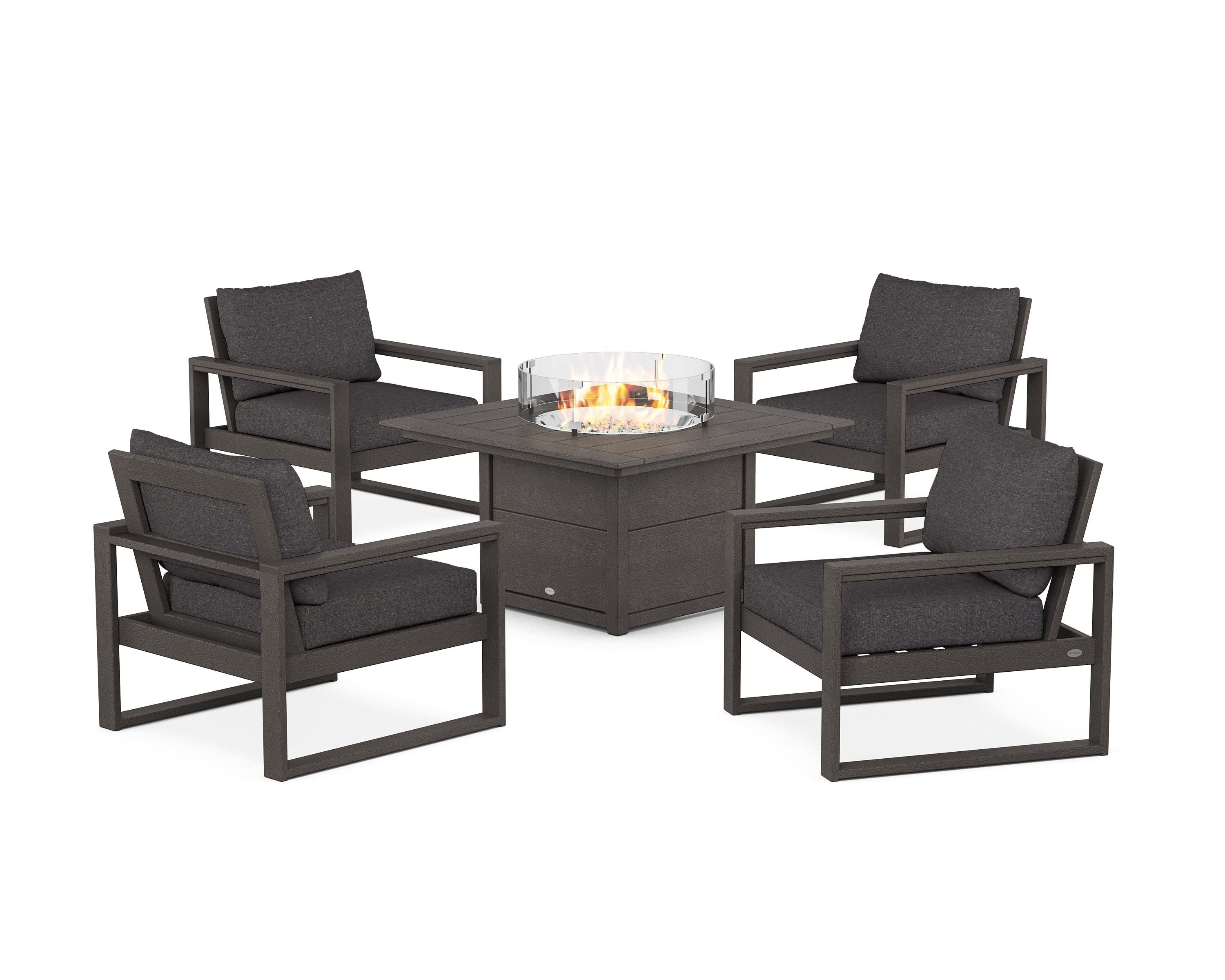 POLYWOOD EDGE Sectional 5-Piece Deep Seating Set with Fire Pit Table in Vintage Coffee / Ash Charcoal