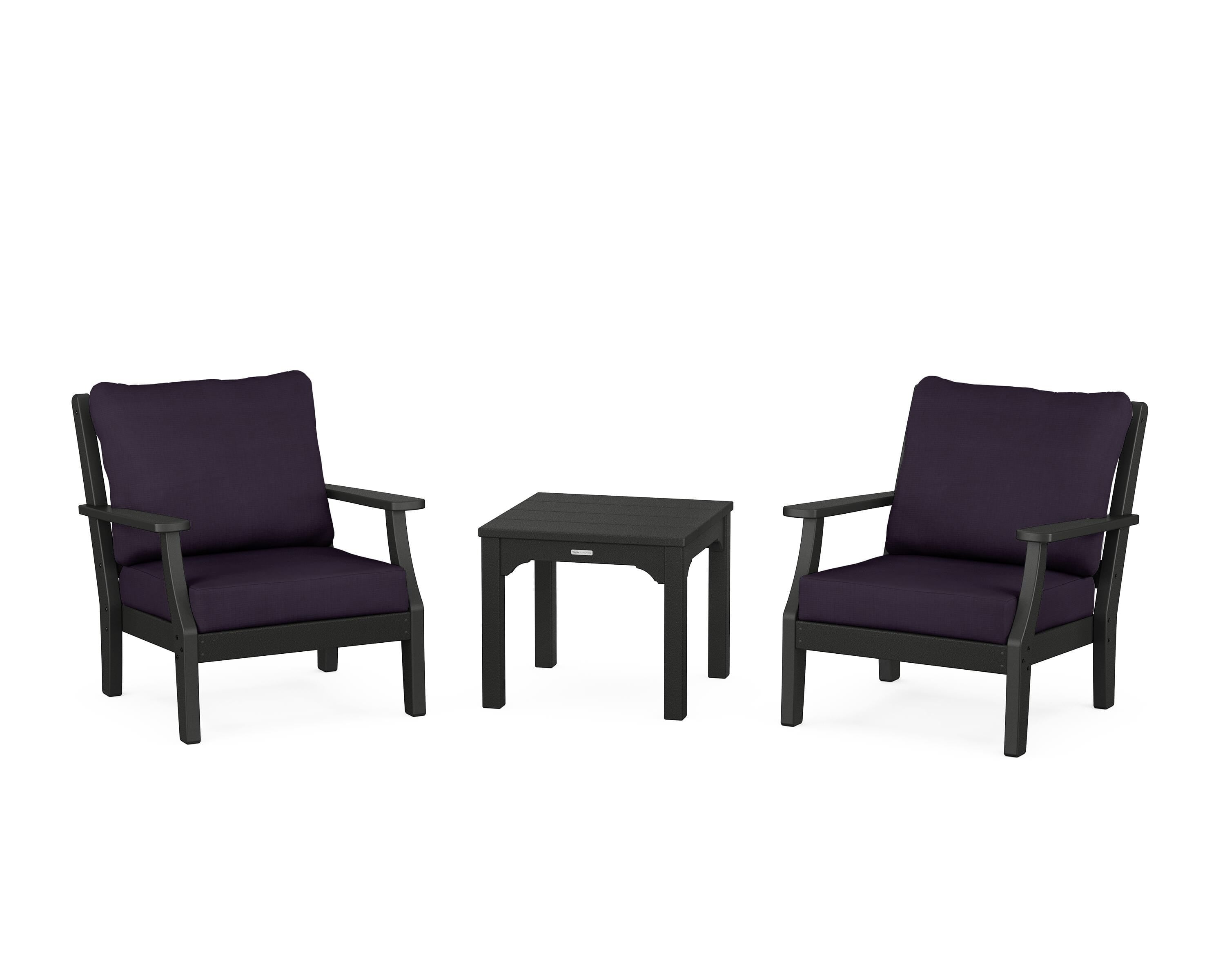 Martha Stewart by POLYWOOD Chinoiserie 3-Piece Deep Seating Set in Black / Navy Linen