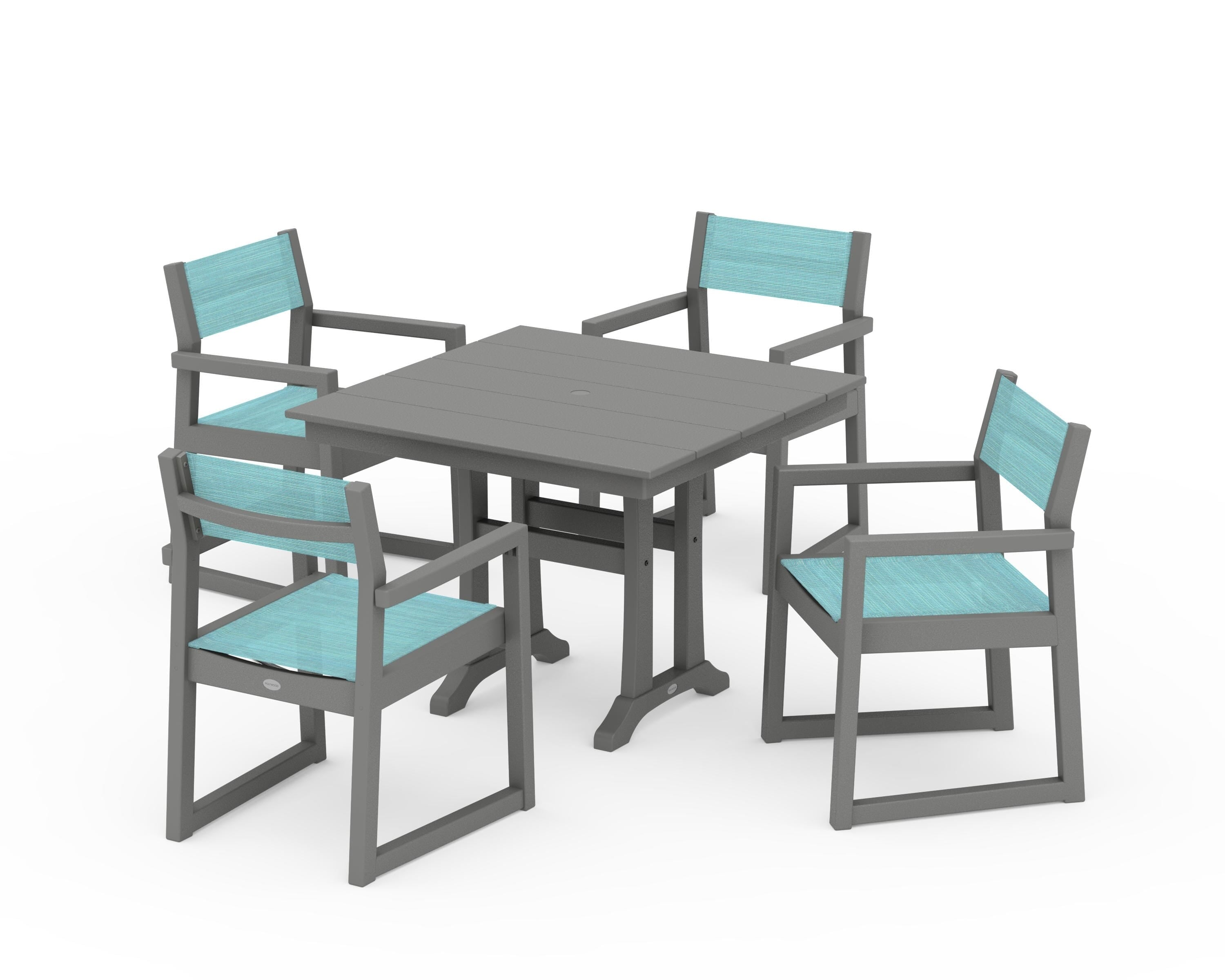 POLYWOOD EDGE Sling 5-Piece Farmhouse Dining Set with Trestle Legs in Slate Grey / Dupioni Aquamarine Sling