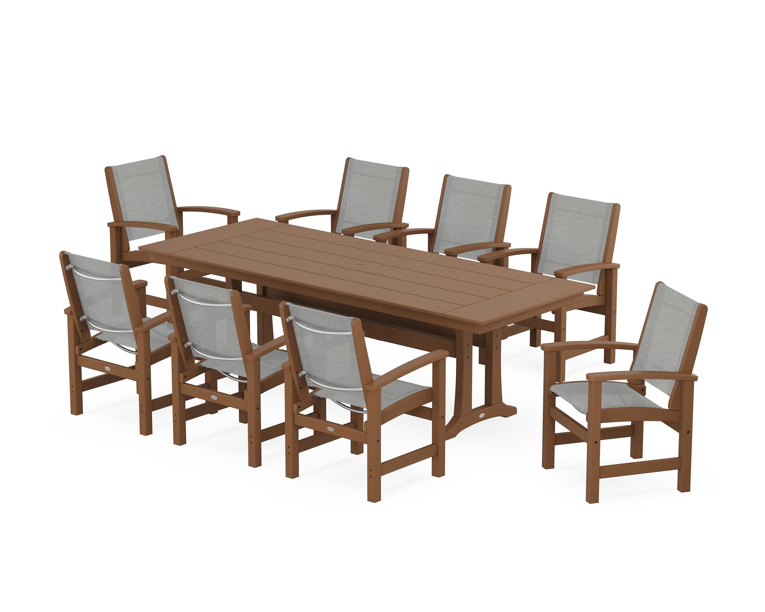 POLYWOOD Coastal 9-Piece Farmhouse Dining Set with Trestle Legs in Teak / Metallic Sling