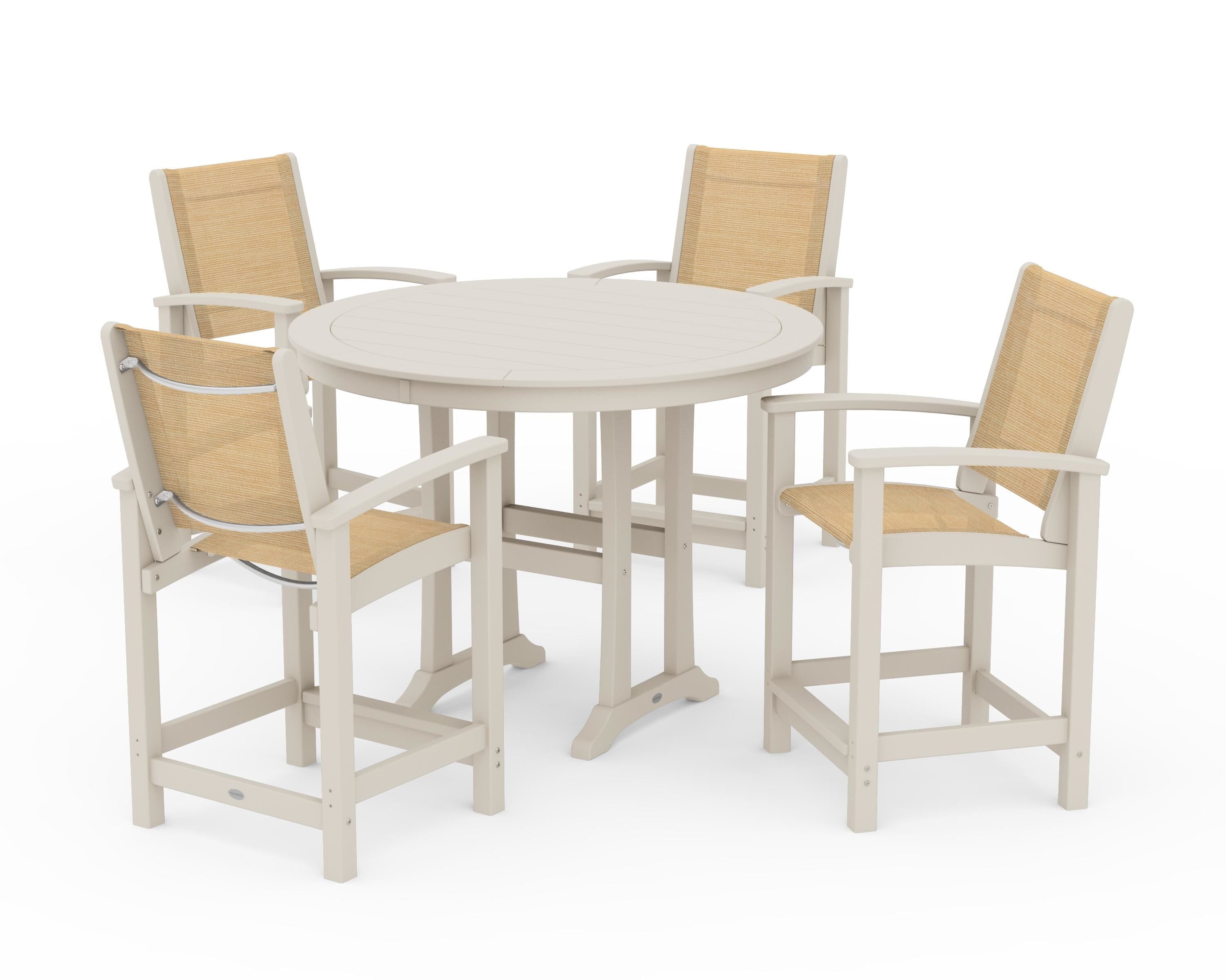 POLYWOOD Coastal 5-Piece Counter Set in Sand / Dupioni Apricot Sling